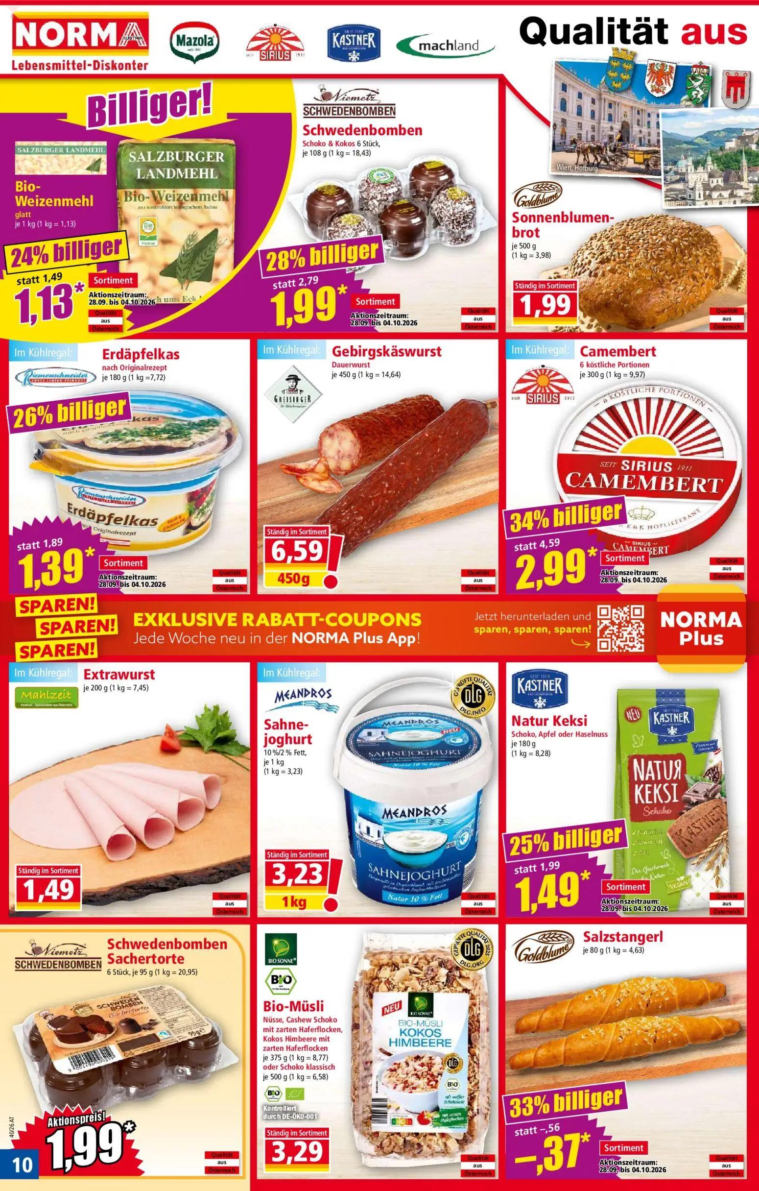 Norma Prospekt, Seite 10 von 20 — Camembert 6 köstliche Portionen, Schwedenbomben Schoko & Kokos, Erdäpfelkas nach Originalr…