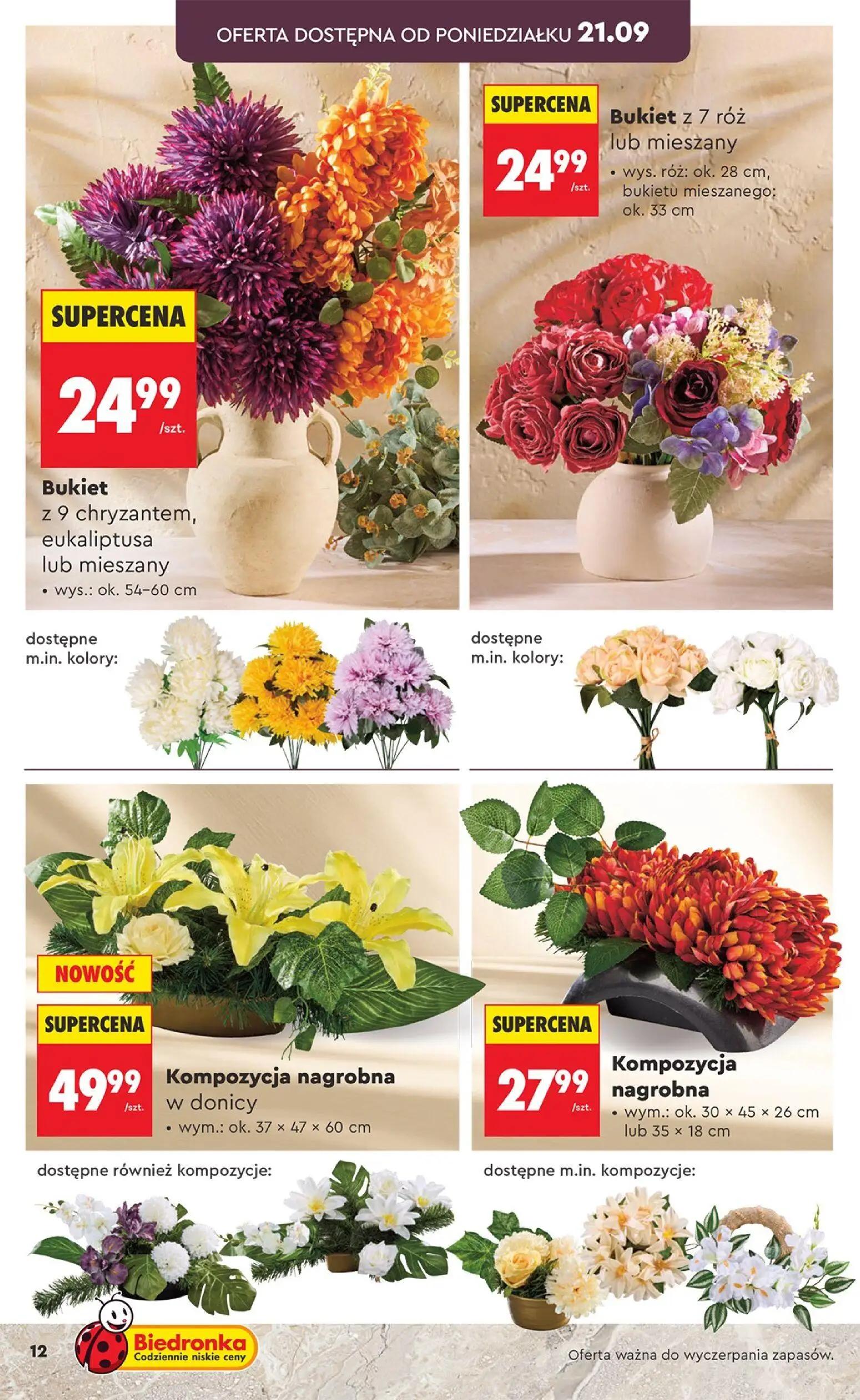 Biedronka gazetka, strona 12 z 16 — Bukiet z 9 chryzantem, eukaliptusa lub mieszany, Bukiet z 7 róż lub mieszany, Kompozycja…