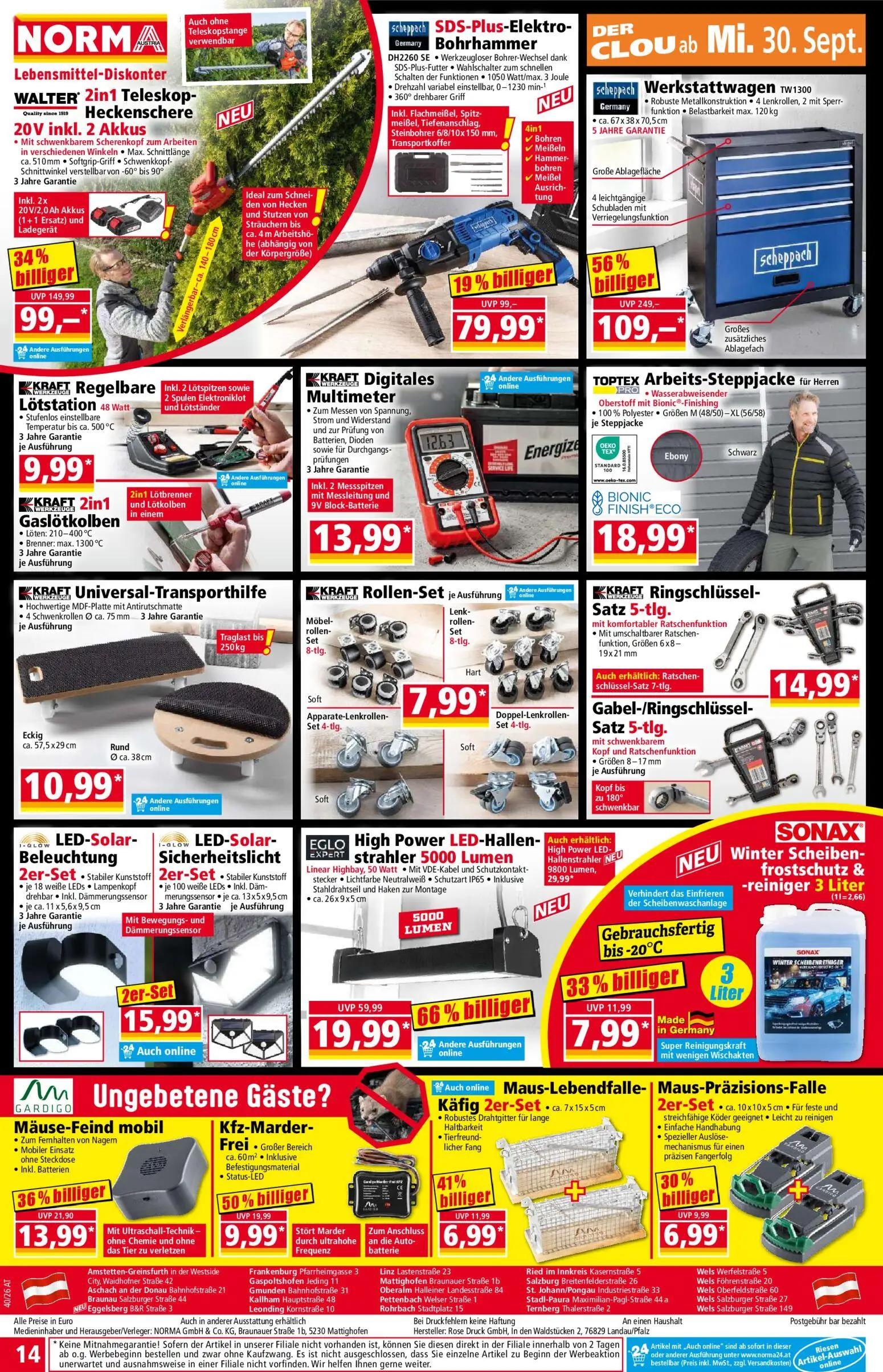 Norma Prospekt, Seite 14 von 20 — scheppach Werkstattwagen TW1300, WALTER 2in1 Teleskop-Heckenschere, EGLO High Power LED-Ha…