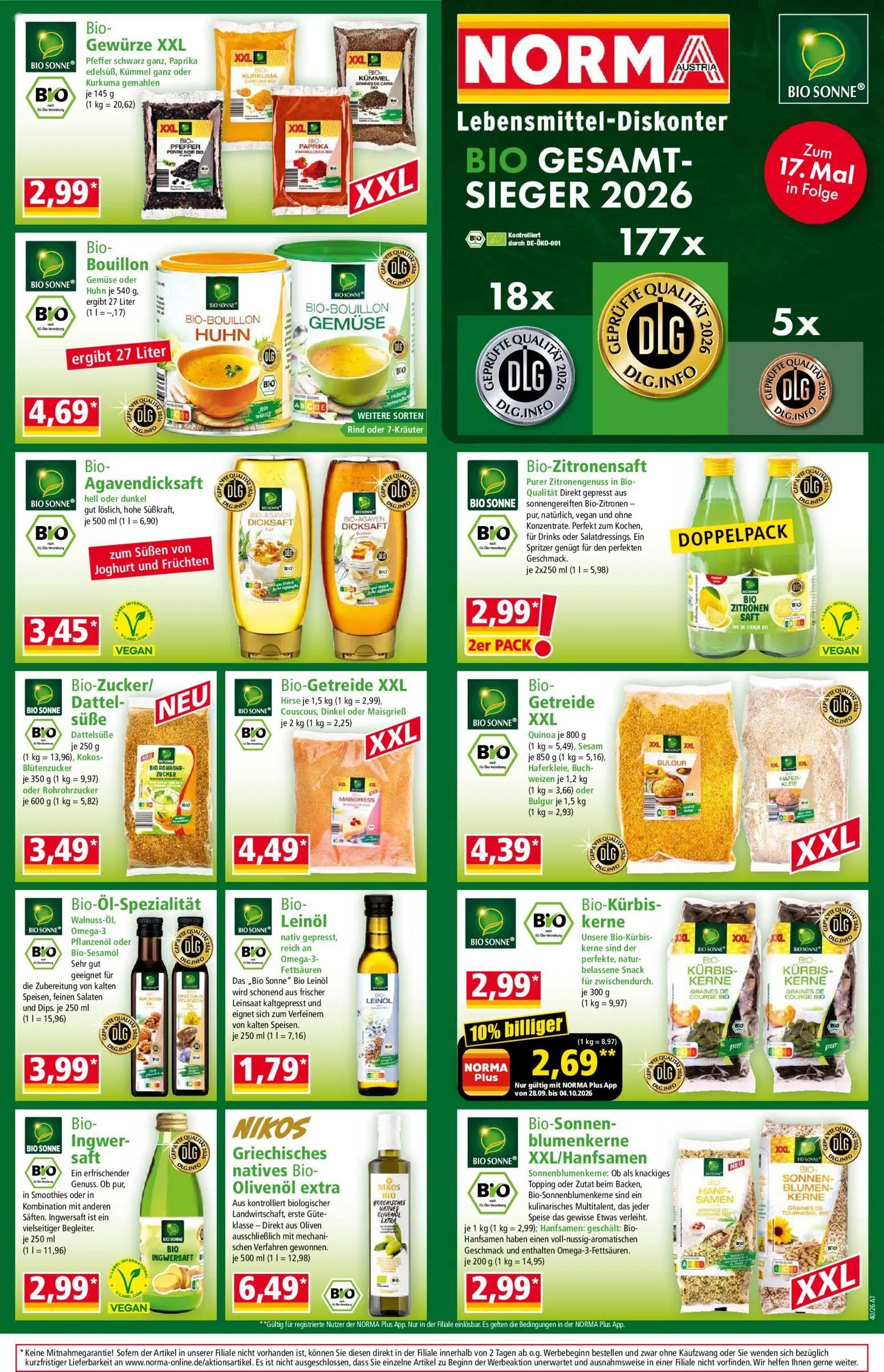 Norma Prospekt, Seite 17 von 20 — Bio-Kürbiskerne, Bio-Gewürze XXL Pfeffer schwarz ganz, Paprika edelsüß, Kümmel ganz oder K…