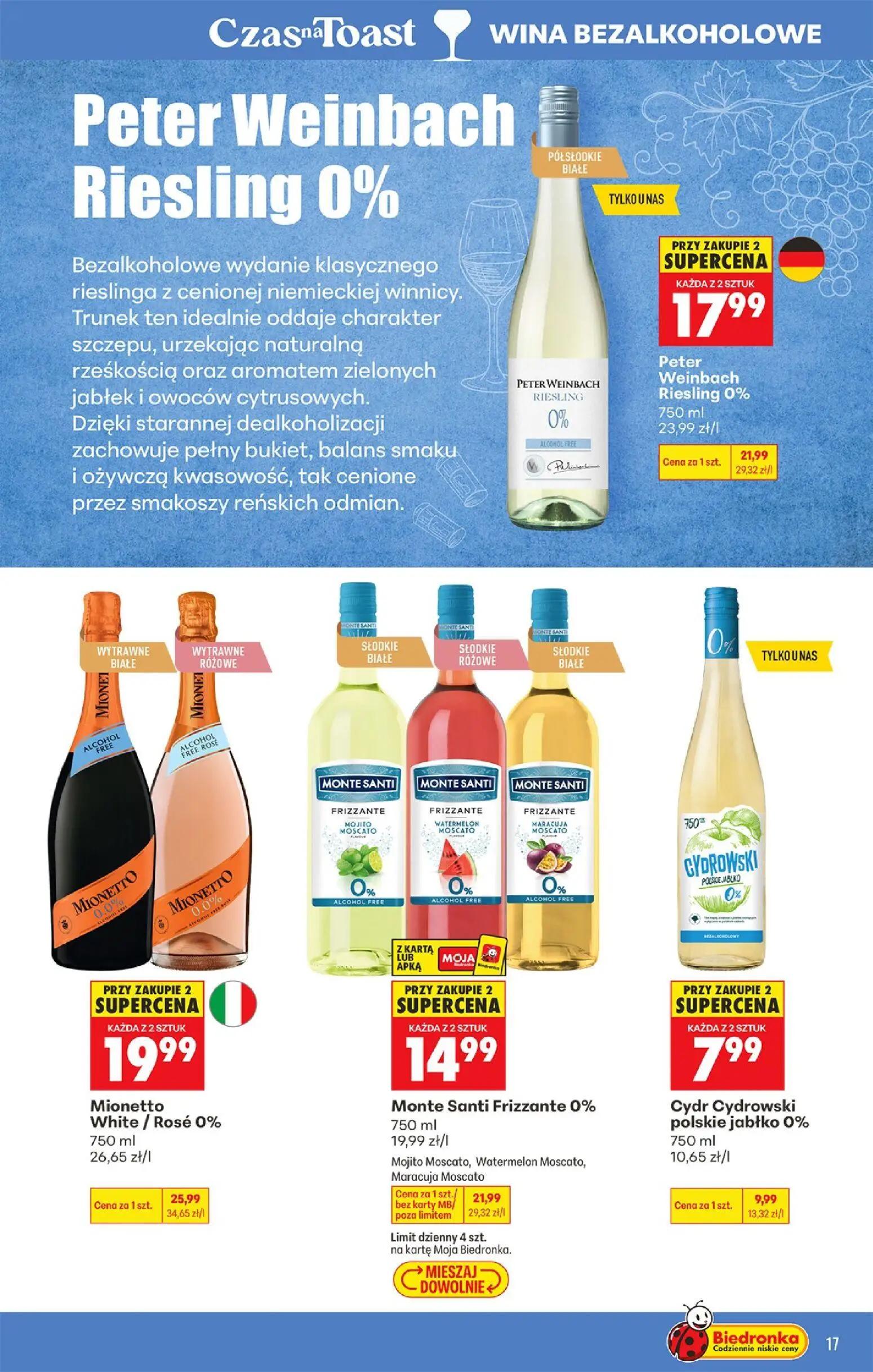 Biedronka gazetka, strona 19 z 38 — Monte Santi Frizzante 0%, Mionetto White / Rosé 0%, Peter Weinbach Riesling 0%