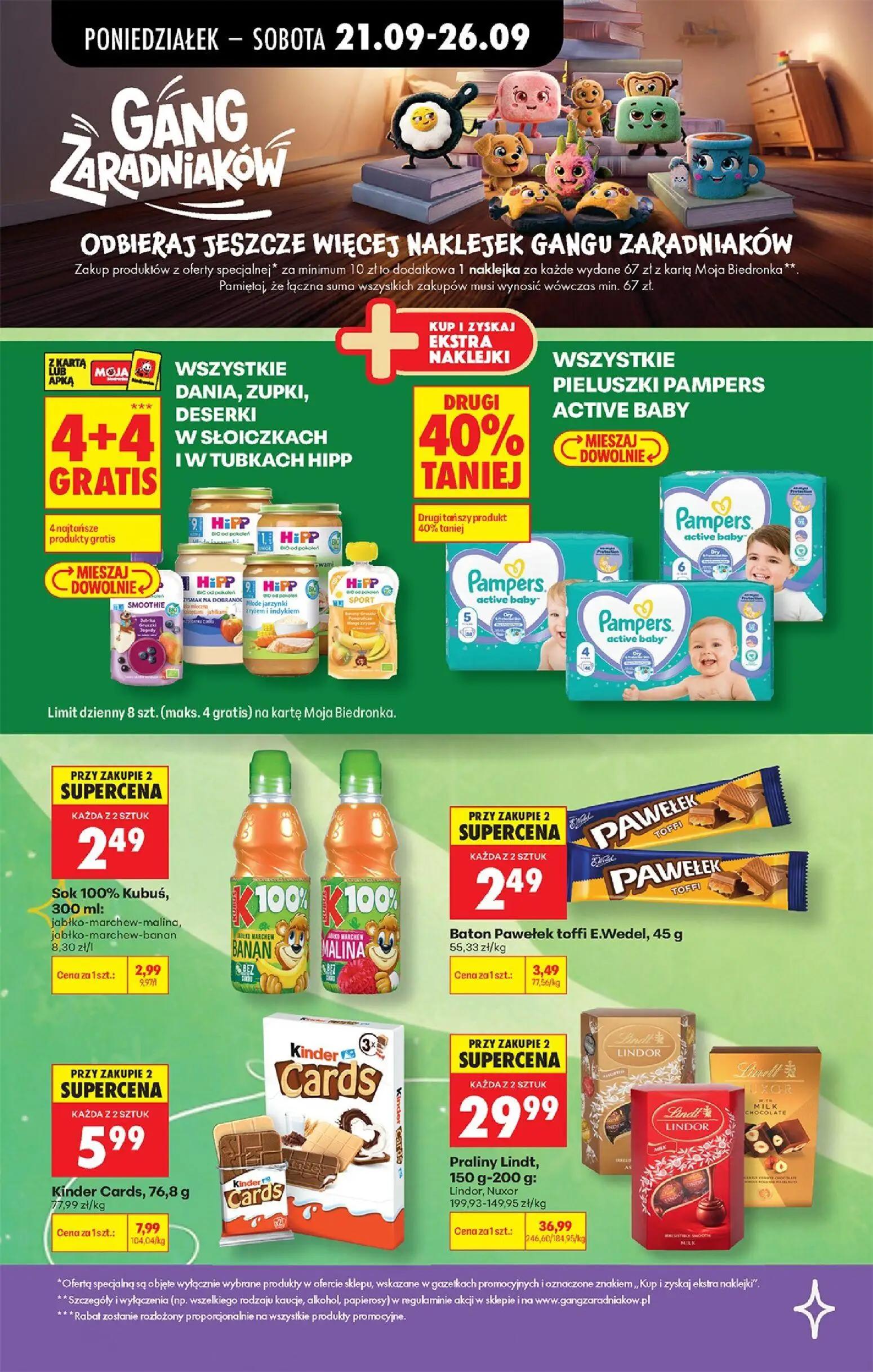 Biedronka gazetka, strona 30 z 101 — Praliny Lindt, Kinder Cards, Baton Pawełek toffi E.Wedel