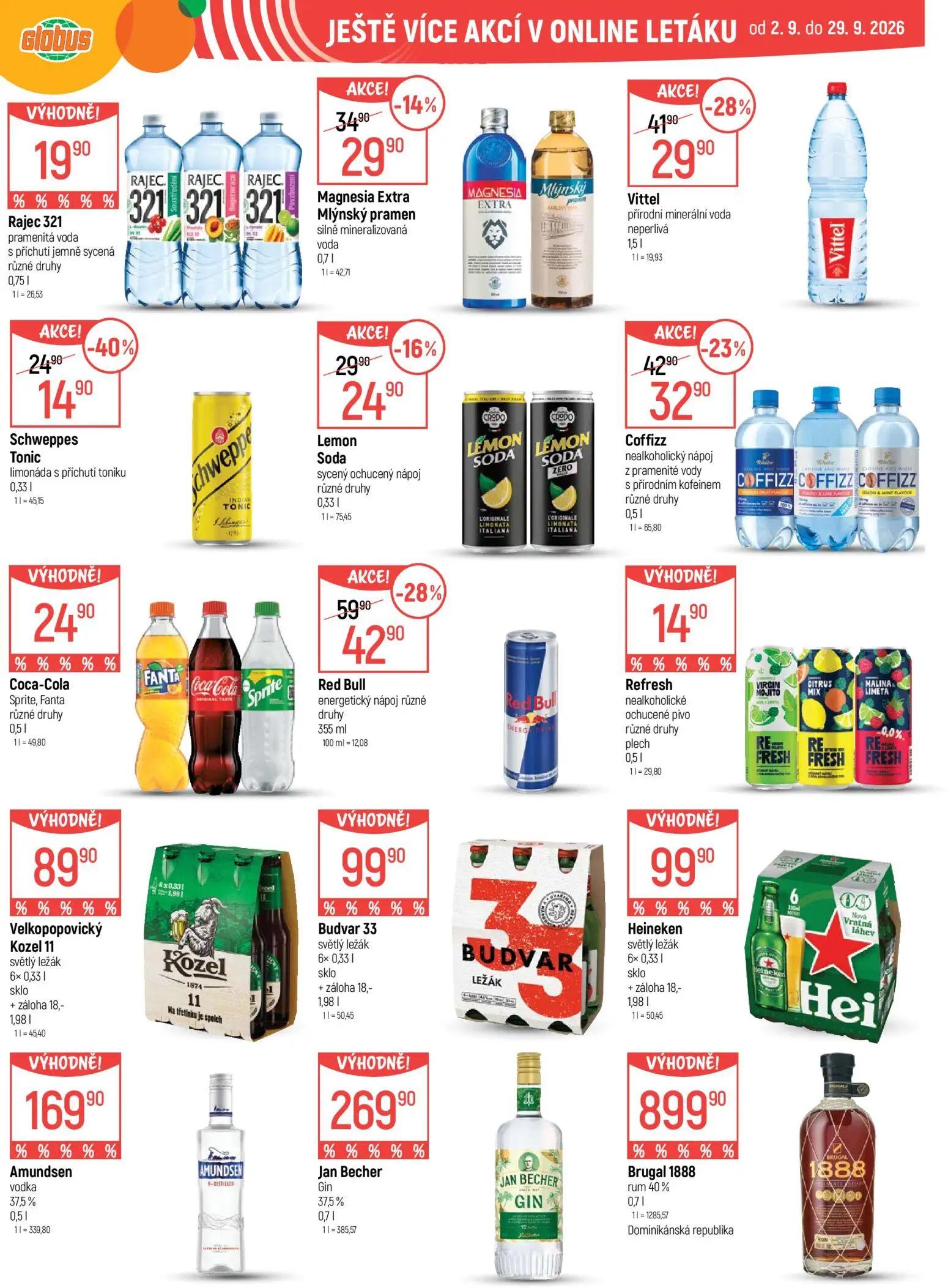 GLOBUS leták, strana 46 z 51 — Red Bull energetický nápoj různé druhy, Vittel přírodní minerální voda neperlivá, Schweppes T…
