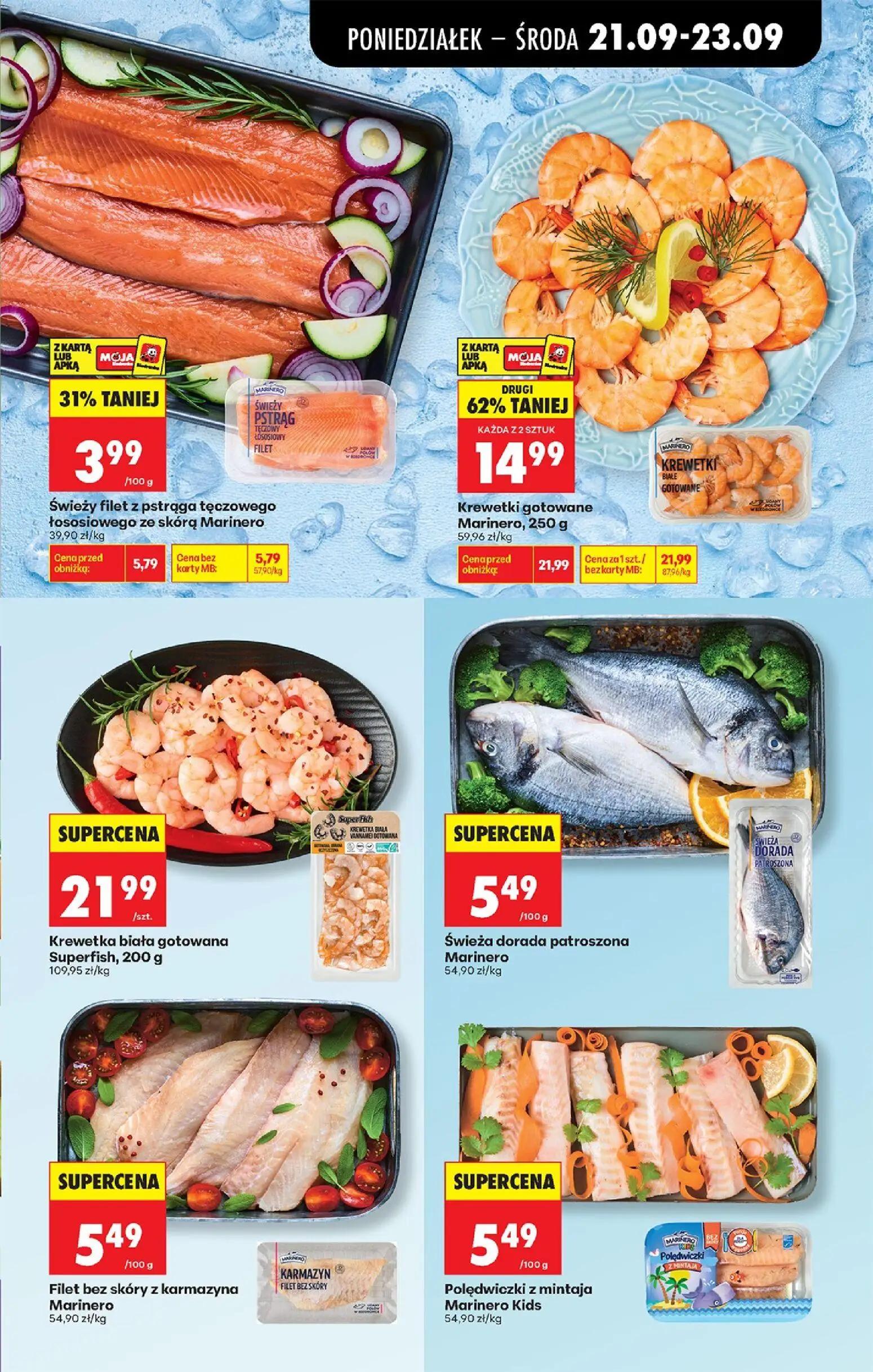 Biedronka gazetka, strona 52 z 101 — Krewetki gotowane Marinero, 250 g, Świeży filet z pstrąga tęczowego łososiowego ze skór…