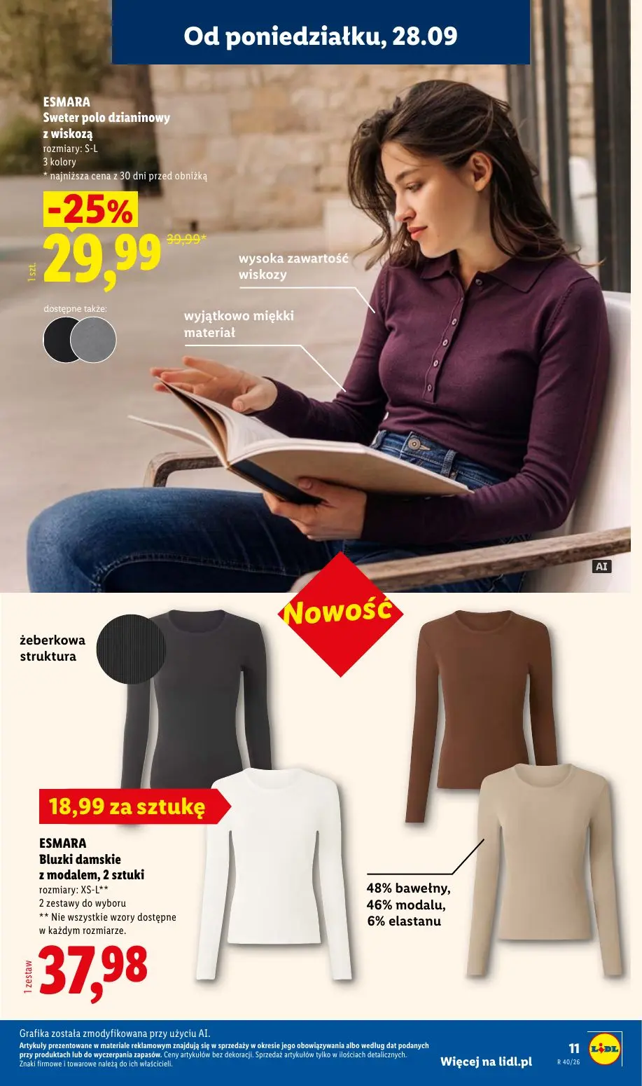 Lidl gazetka, strona 15 z 58 — Sweter polo dzianinowy z wiskozą, Bluzki damskie z modalem, 2 sztuki