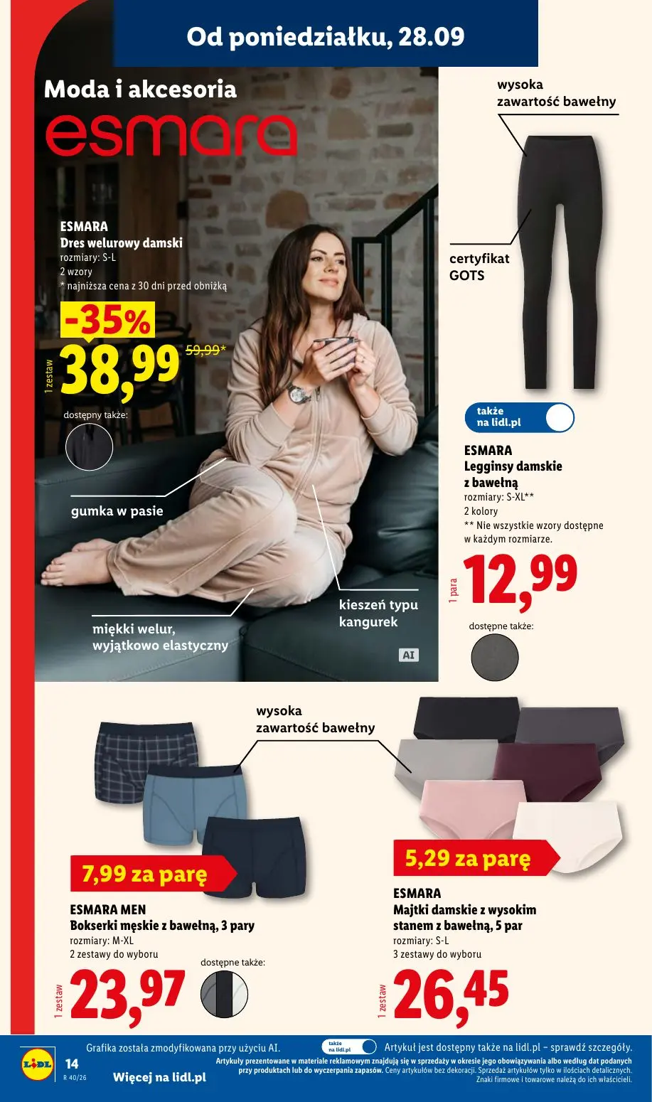 Lidl gazetka, strona 18 z 58 — Dres welurowy damski, Legginsy damskie z bawełną, Bokserki męskie z bawełną