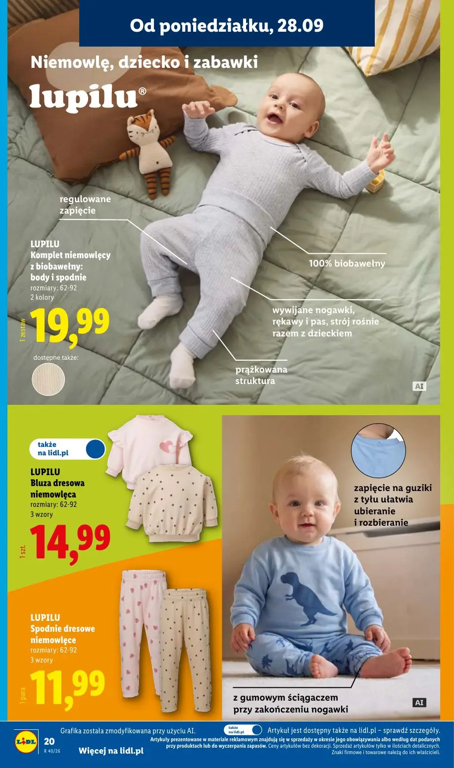 Lidl gazetka, strona 24 z 58 — LUPILU Komplet niemowlęcy z biobawełny: body i spodnie, LUPILU Bluza dresowa niemowlęca, LUPI…