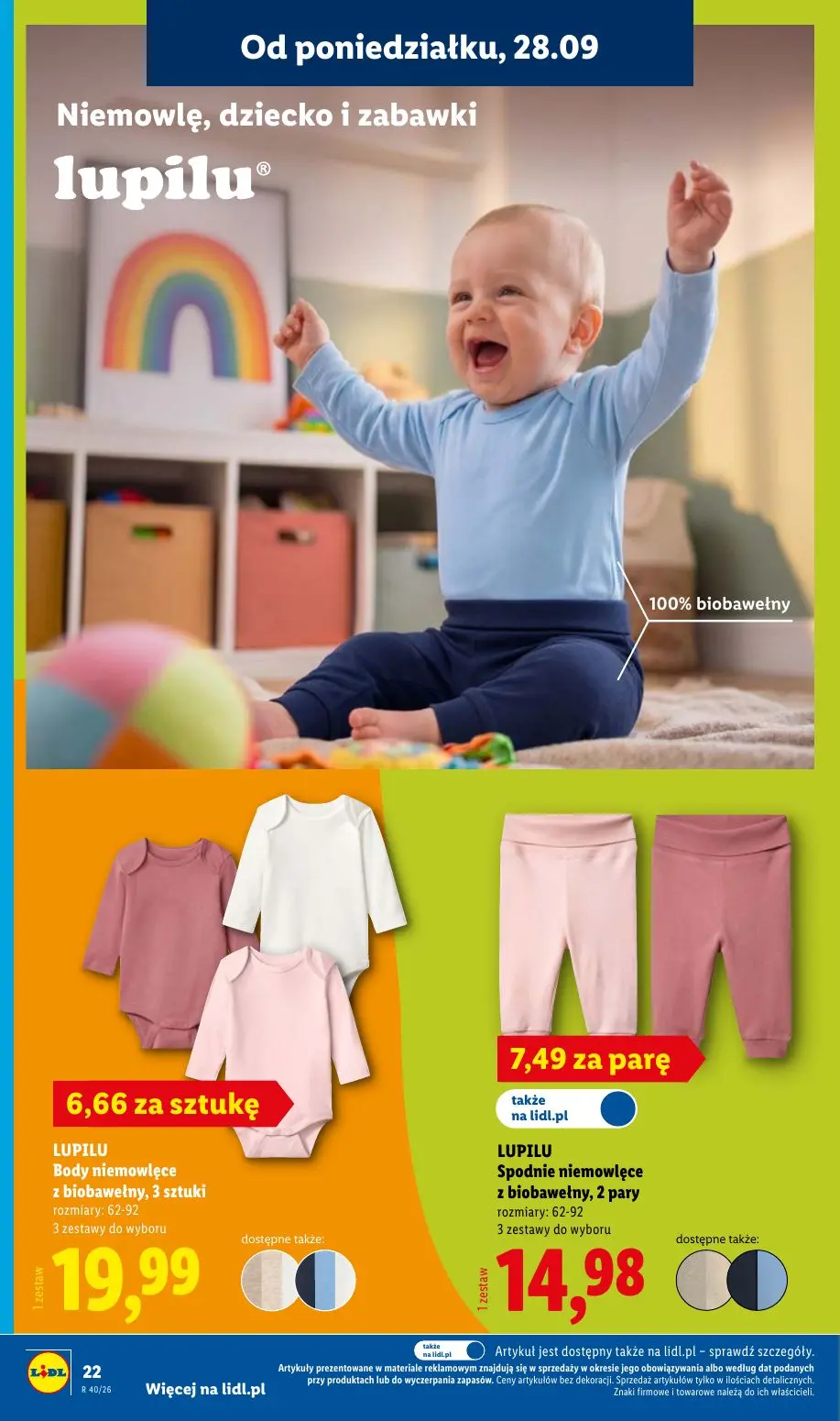 Lidl gazetka, strona 26 z 58 — Body niemowlęce z biobawełny, 3 sztuki, Spodnie niemowlęce z biobawełny, 2 pary