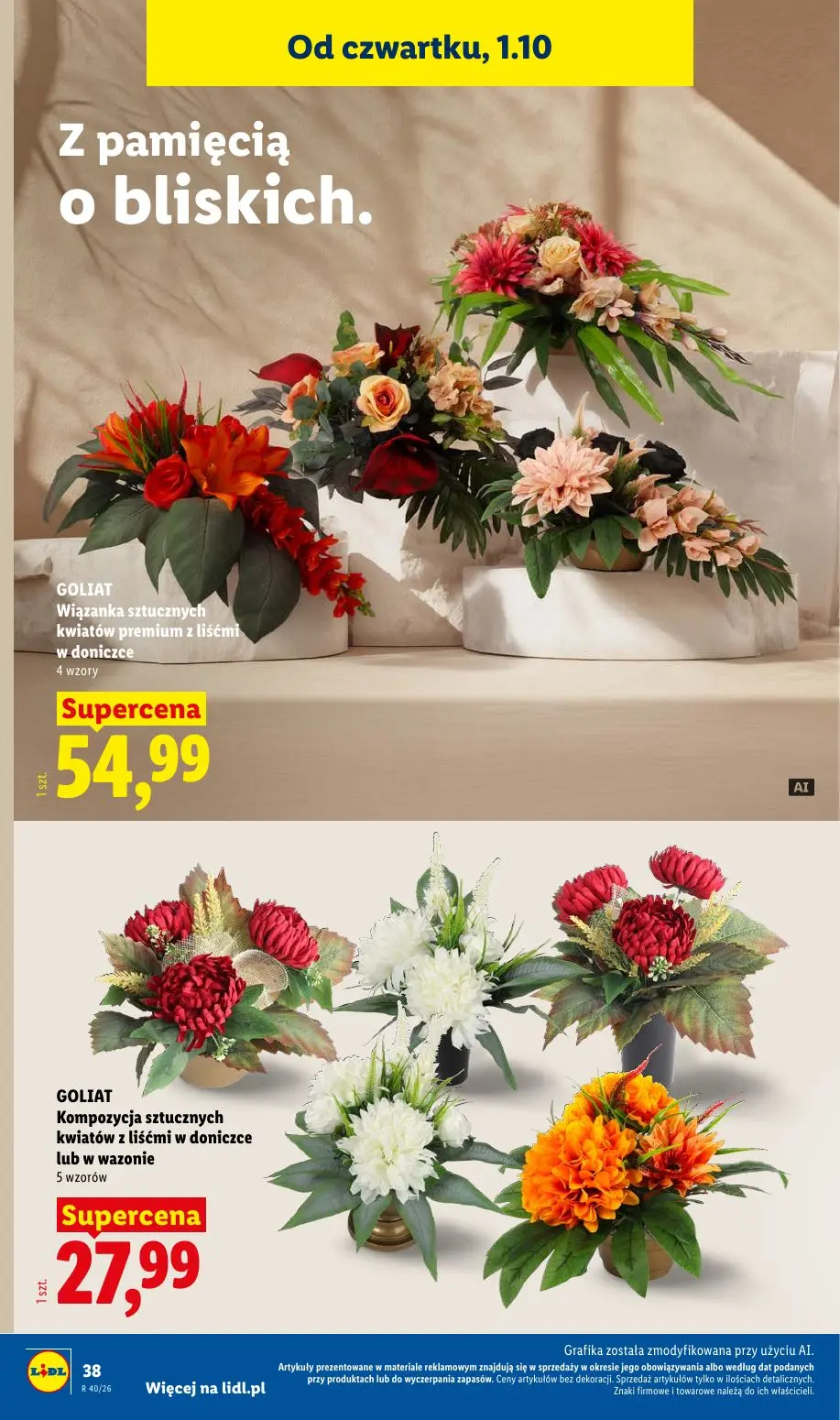 Lidl gazetka, strona 46 z 58 — GOLIAT Wiązanka sztucznych kwiatów premium z liśćmi w doniczce, GOLIAT Kompozycja sztucznych …