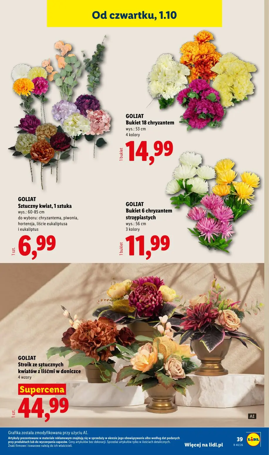 Lidl gazetka, strona 47 z 58 — Bukiet 18 chryzantem, Sztuczny kwiat, 1 sztuka, Bukiet 6 chryzantem strzępiastych