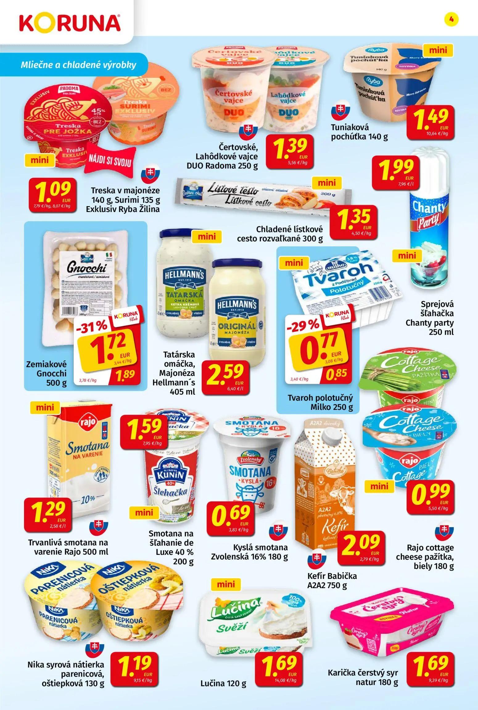 Koruna leták, strana 4 z 24 — Zemiakové Gnocchi, Trvanlivá smotana na varenie Rajo, Tvaroh polotučný Milko