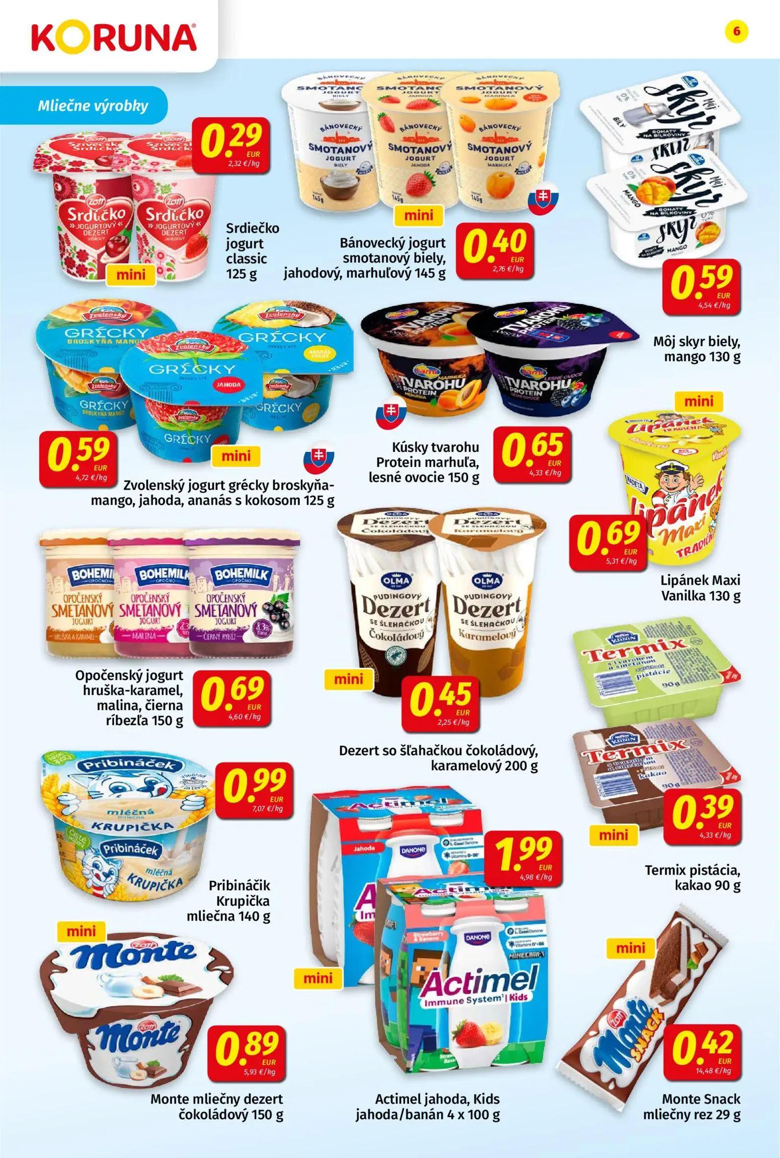 Koruna leták, strana 6 z 24 — Srdiečko jogurt classic, Bánovecký jogurt smotanový biely, jahodový, marhuľový, Môj skyr biely…