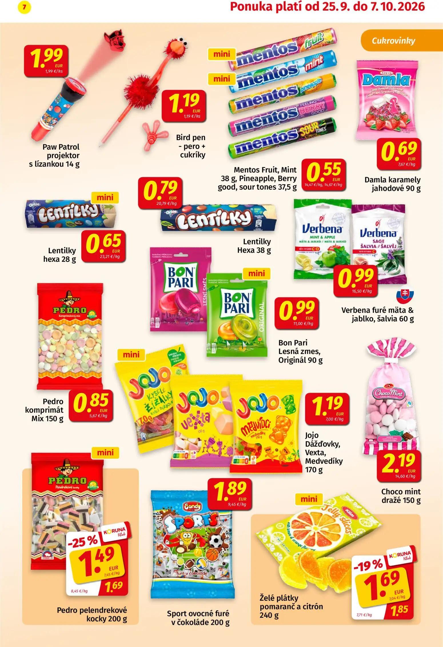 Koruna leták, strana 7 z 24 — Pedro pelendrekové kocky, Želé plátky pomaranč a citrón, Paw Patrol projektor s lízankou