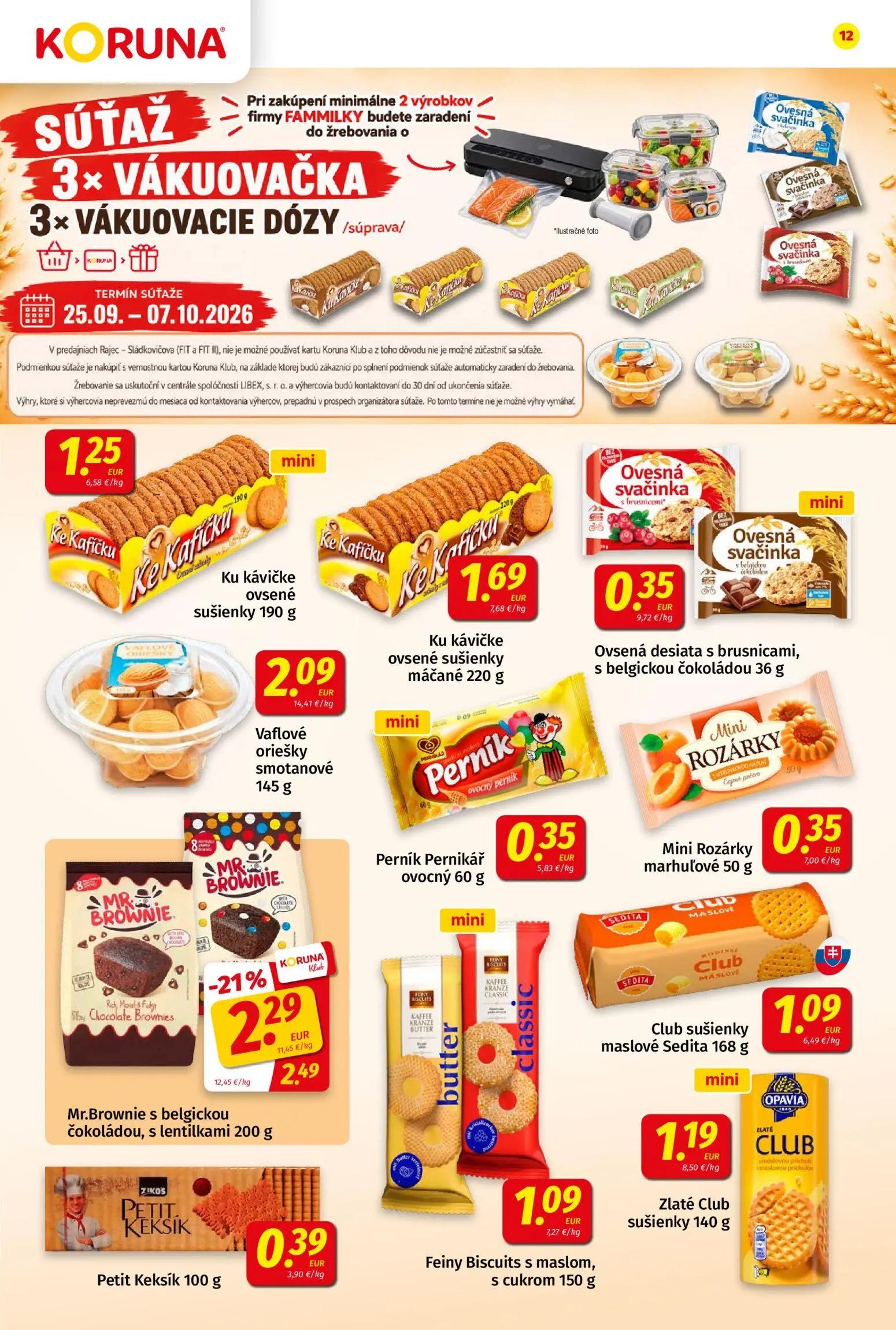 Koruna leták, strana 12 z 24 — Mr.Brownie s belgickou čokoládou, s lentilkami, Ku kávičke ovsené sušienky, Vaflové oriešky s…