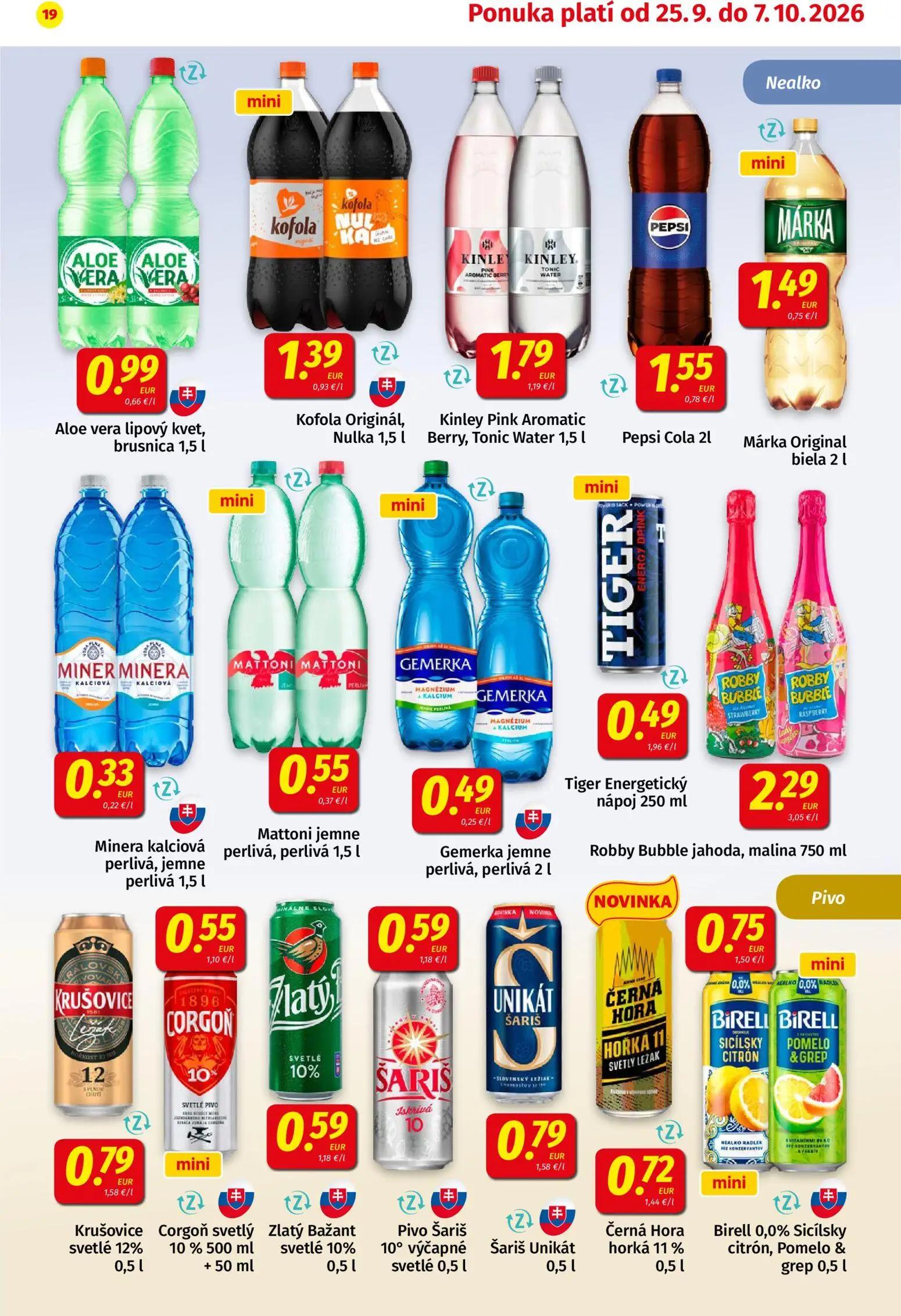 Koruna leták, strana 19 z 24 — Aloe vera lipový kvet, brusnica, Kofola Originál, Nulka, Kinley Pink Aromatic Berry, Tonic Wa…