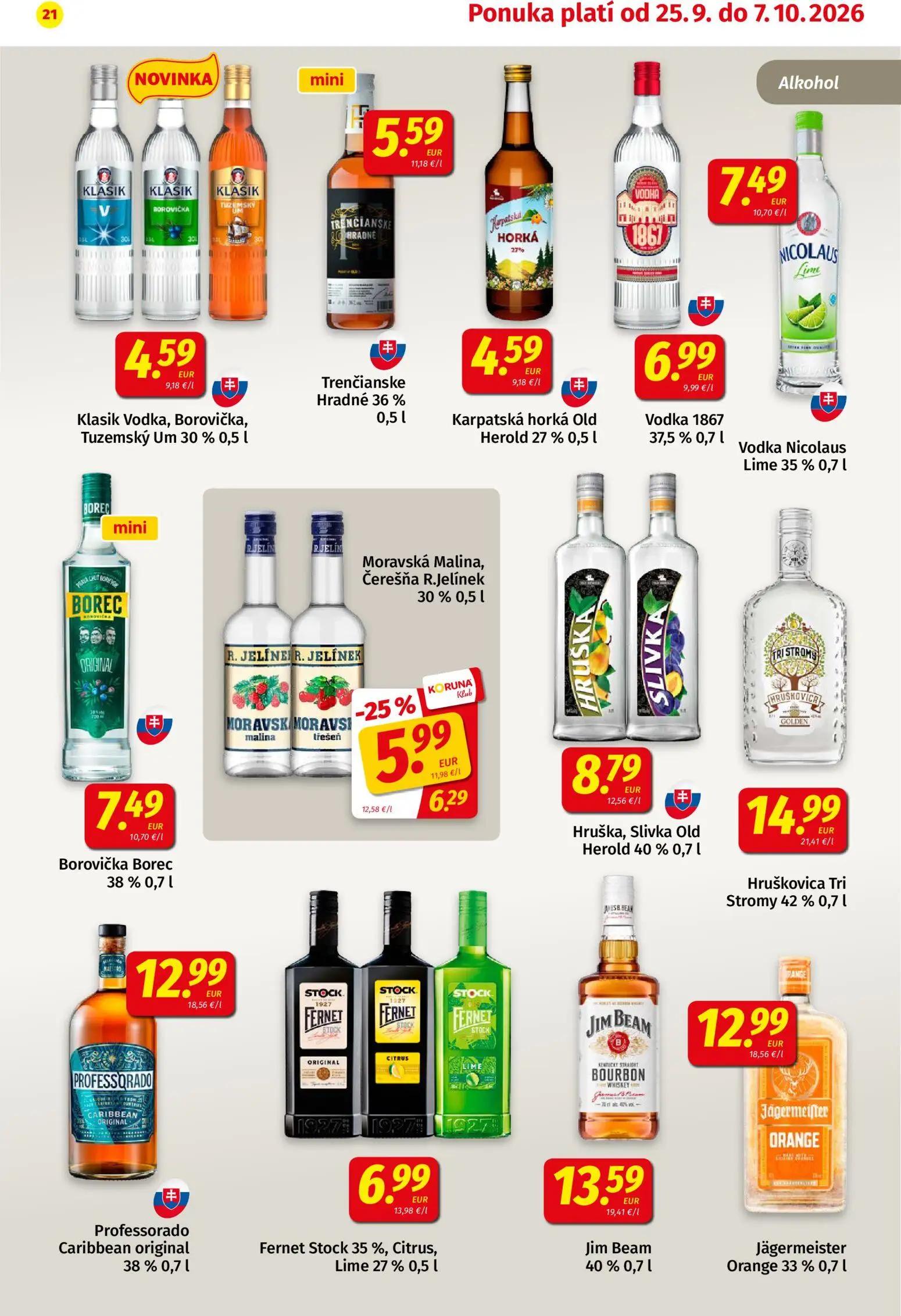Koruna leták, strana 21 z 24 — Moravská Malina, Čerešňa R.Jelínek, Klasik Vodka, Borovička, Tuzemský Um, Trenčianske Hradné