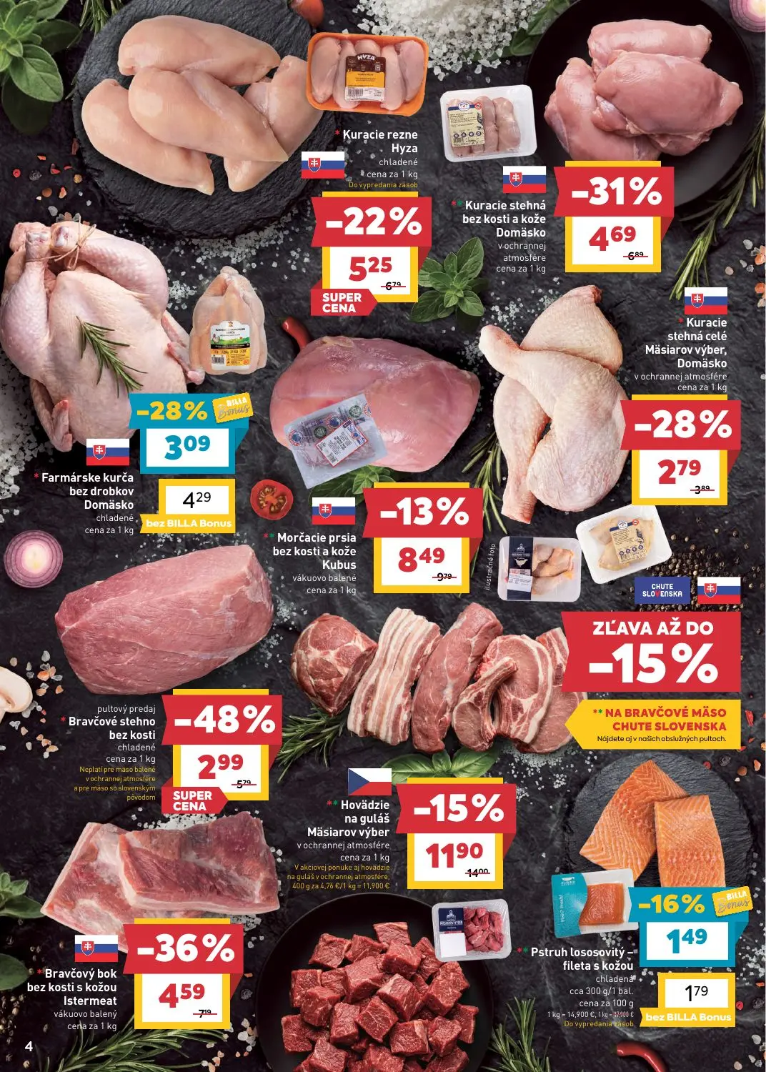 Billa leták, strana 4 z 25 — Bravčové stehno bez kosti chladené, Bravčový bok bez kosti s kožou Istermeat vákuovo balený, Ku…