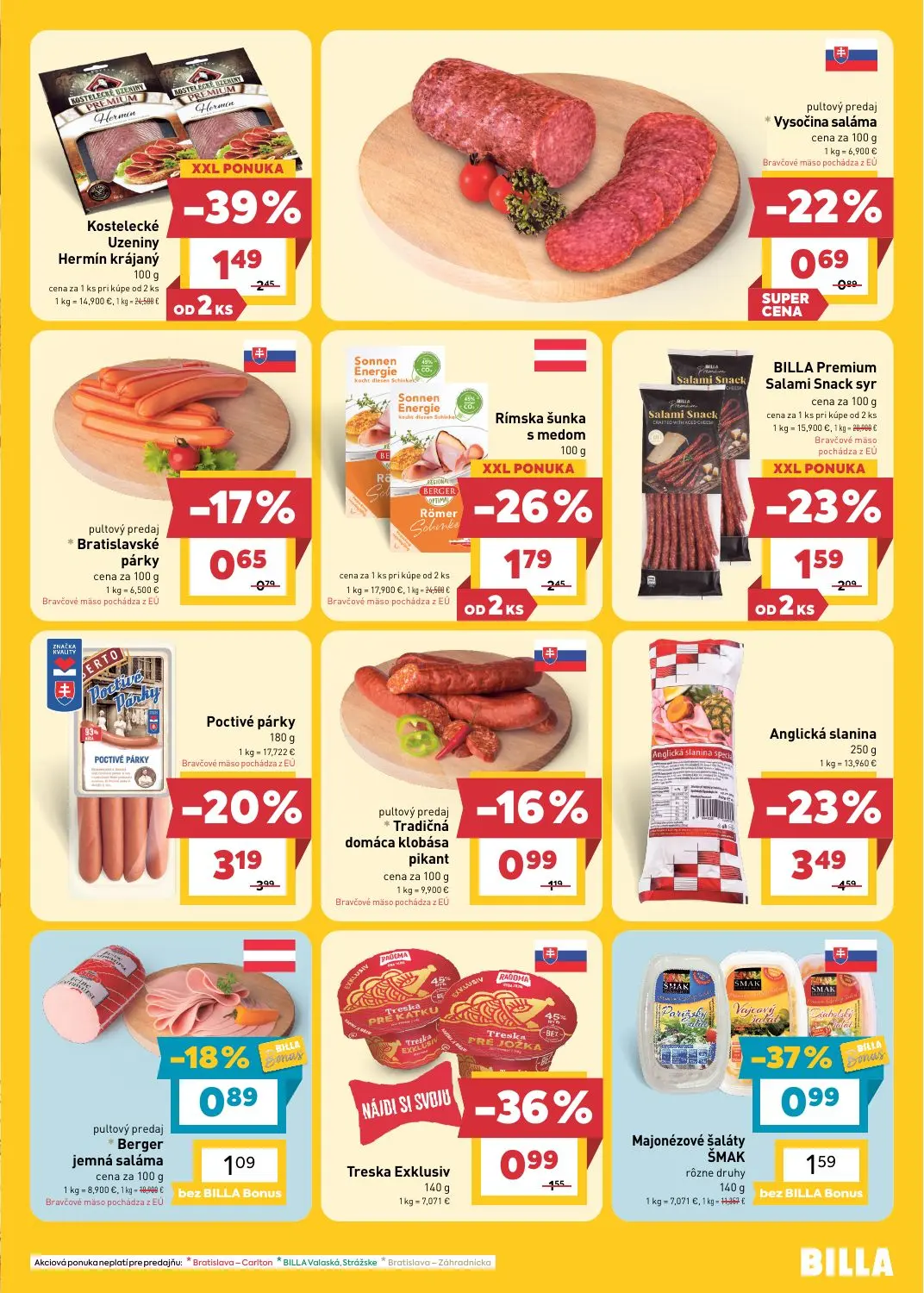 Billa leták, strana 5 z 25 — Anglická slanina, Kostelecké Uzeniny Hermín krájaný, Poctivé párky