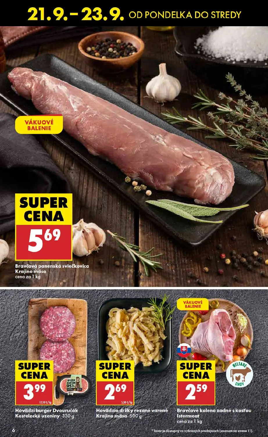 Biedronka leták, strana 6 z 11 — Bravčová panenská sviečkovica, Hovädzí burger Dvouručák Kostelecké uzeniny, Hovädzie držky …