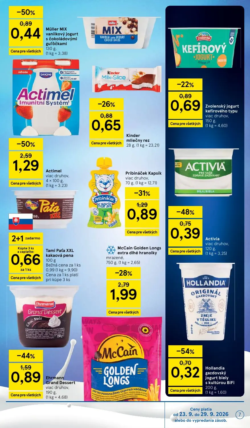 Tesco Supermarket leták, strana 7 z 32 — Actimel, McCain Golden Longs extra dlhé hranolky mrazené, Ehrmann Grand Dessert