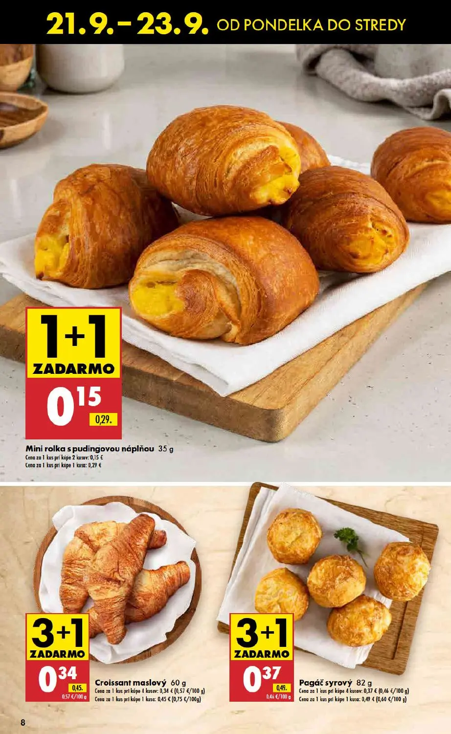 Biedronka leták, strana 8 z 11 — Mini rolka s pudingovou náplňou, Pagáč syrový, Croissant maslový