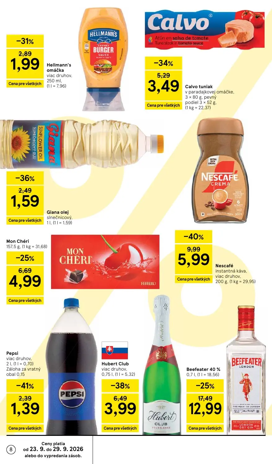 Tesco Supermarket leták, strana 8 z 32 — Beefeater 40%, Nescafé instantná káva, Hubert Club