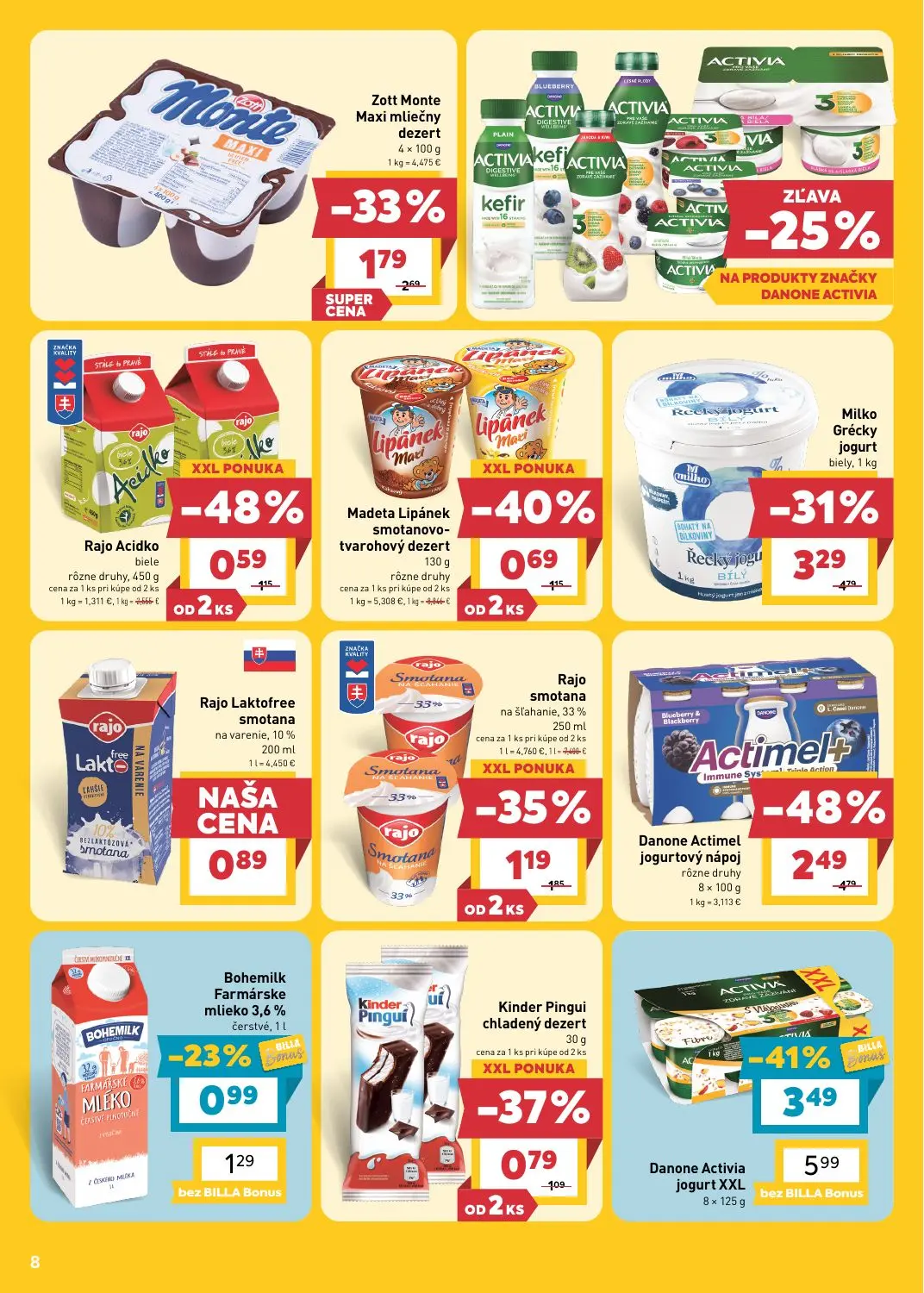 Billa leták, strana 8 z 25 — Danone Activia jogurt XXL, Danone Actimel jogurtový nápoj, Milko Grécky jogurt biely