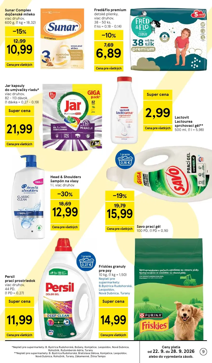Tesco Supermarket leták, strana 9 z 32 — Head & Shoulders šampón na vlasy, Savo prací gél, Sunar Complex dojčenské mlieko vi…