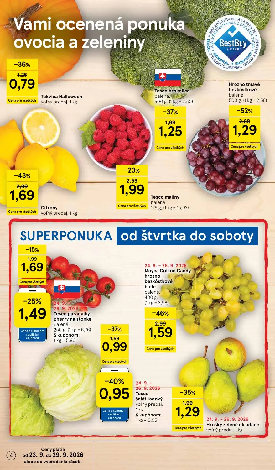 Tesco leták, strana 4 z 48 — Hrozno tmavé bezkôstkové, Moyca Cotton Candy hrozno bezkôstkové biele, Citróny