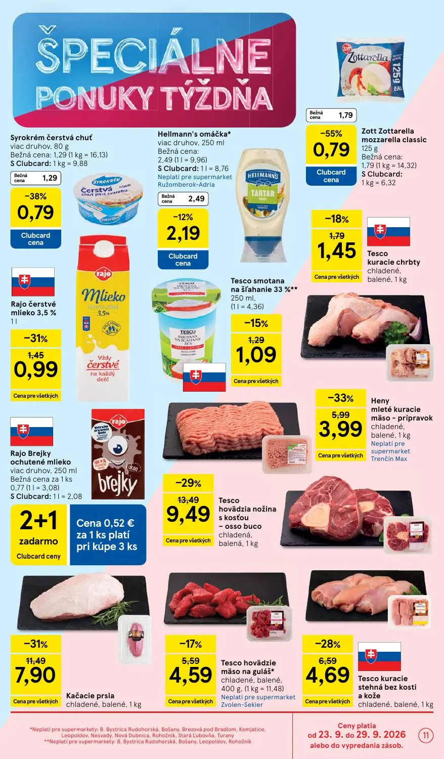 Tesco Supermarket leták, strana 11 z 32 — Tesco hovädzia nožina s kosťou - osso buco chladená, balená, Kačacie prsia chladen…