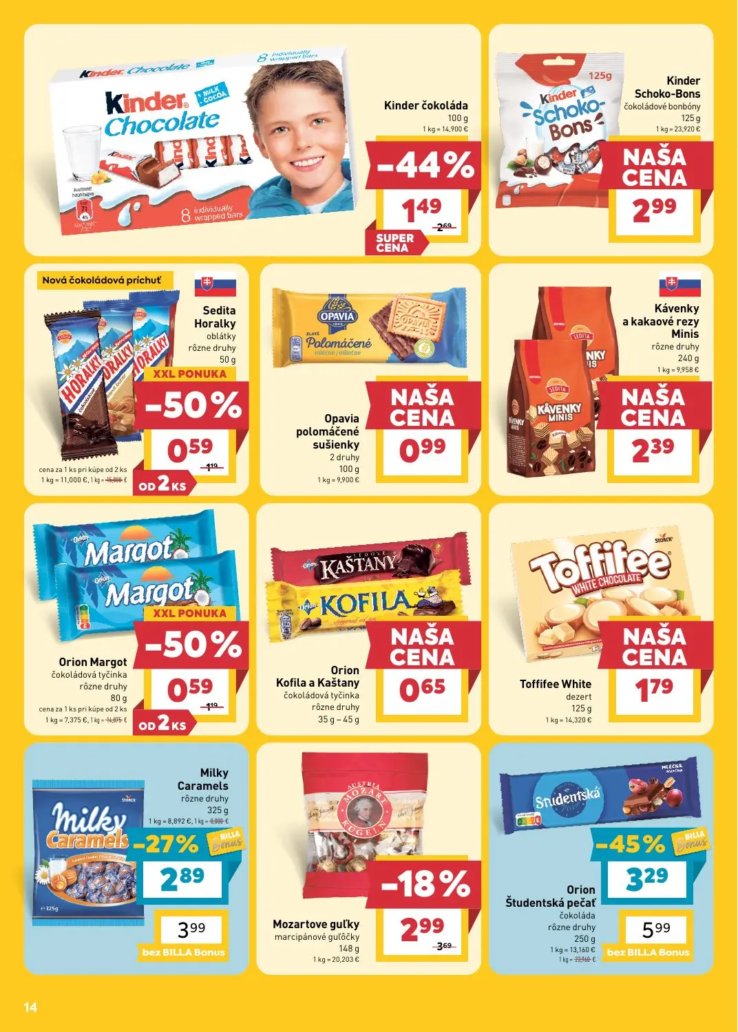 Billa leták, strana 14 z 25 — Orion Študentská pečať čokoláda rôzne druhy, Kinder čokoláda, Milky Caramels rôzne druhy