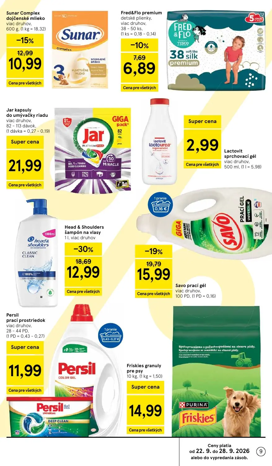 Tesco leták, strana 9 z 48 — Head & Shoulders šampón na vlasy, Savo prací gél, Sunar Complex dojčenské mlieko