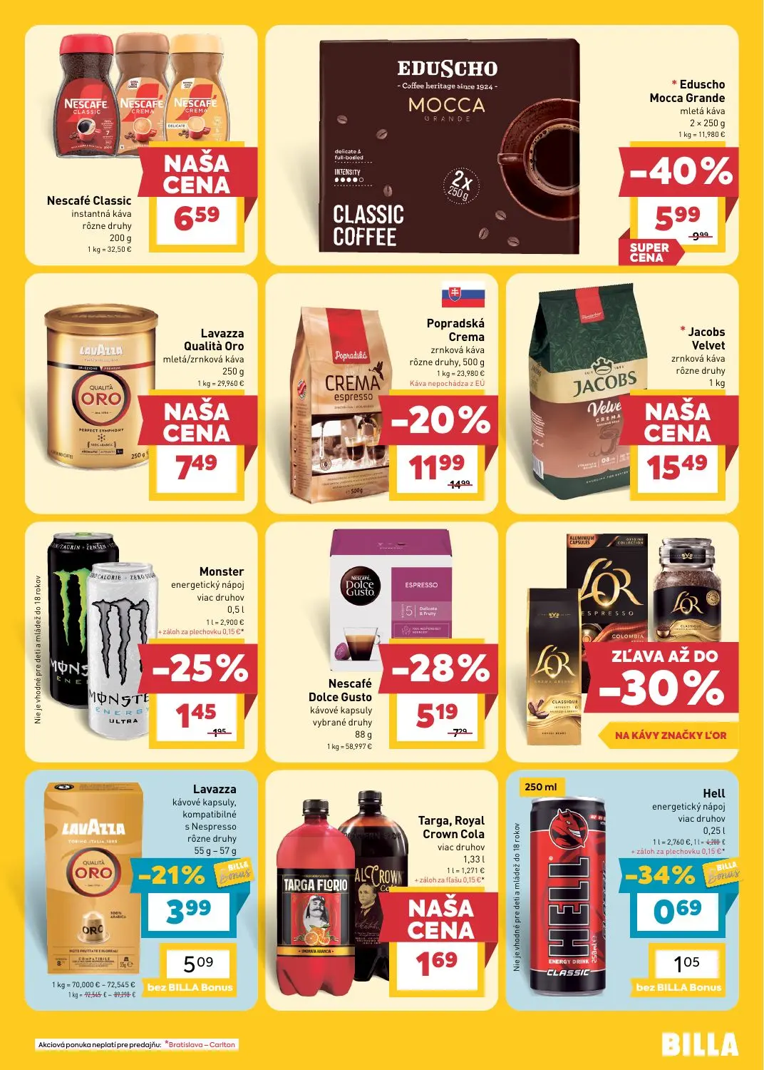 Billa leták, strana 15 z 25 — Eduscho Mocca Grande mletá káva, Popradská Crema zrnková káva rôzne druhy, Nescafé Dolce Gusto…