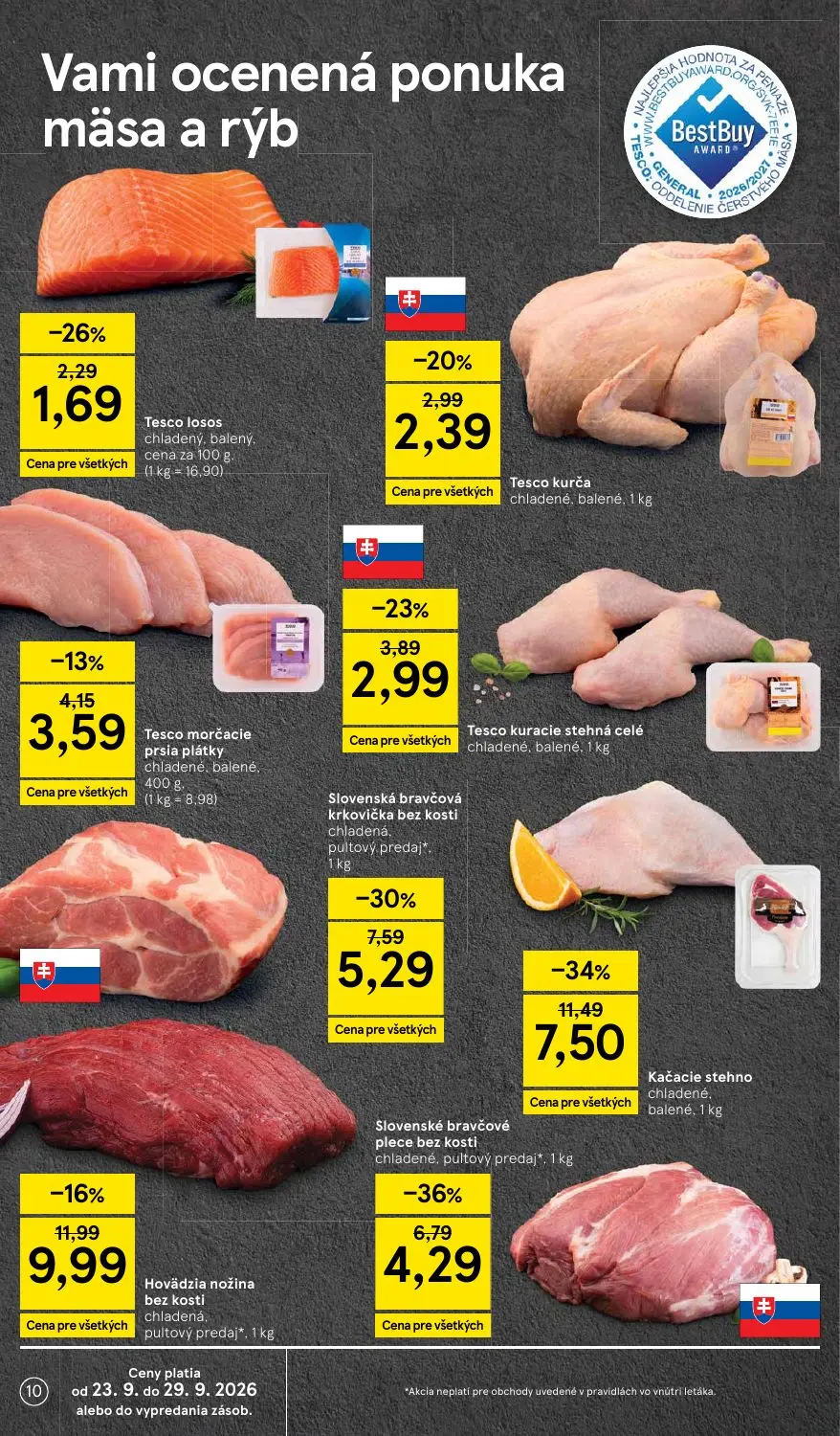 Tesco leták, strana 10 z 48 — Kačacie stehno, Slovenské bravčové plece bez kosti, Slovenská bravčová krkovička bez kosti