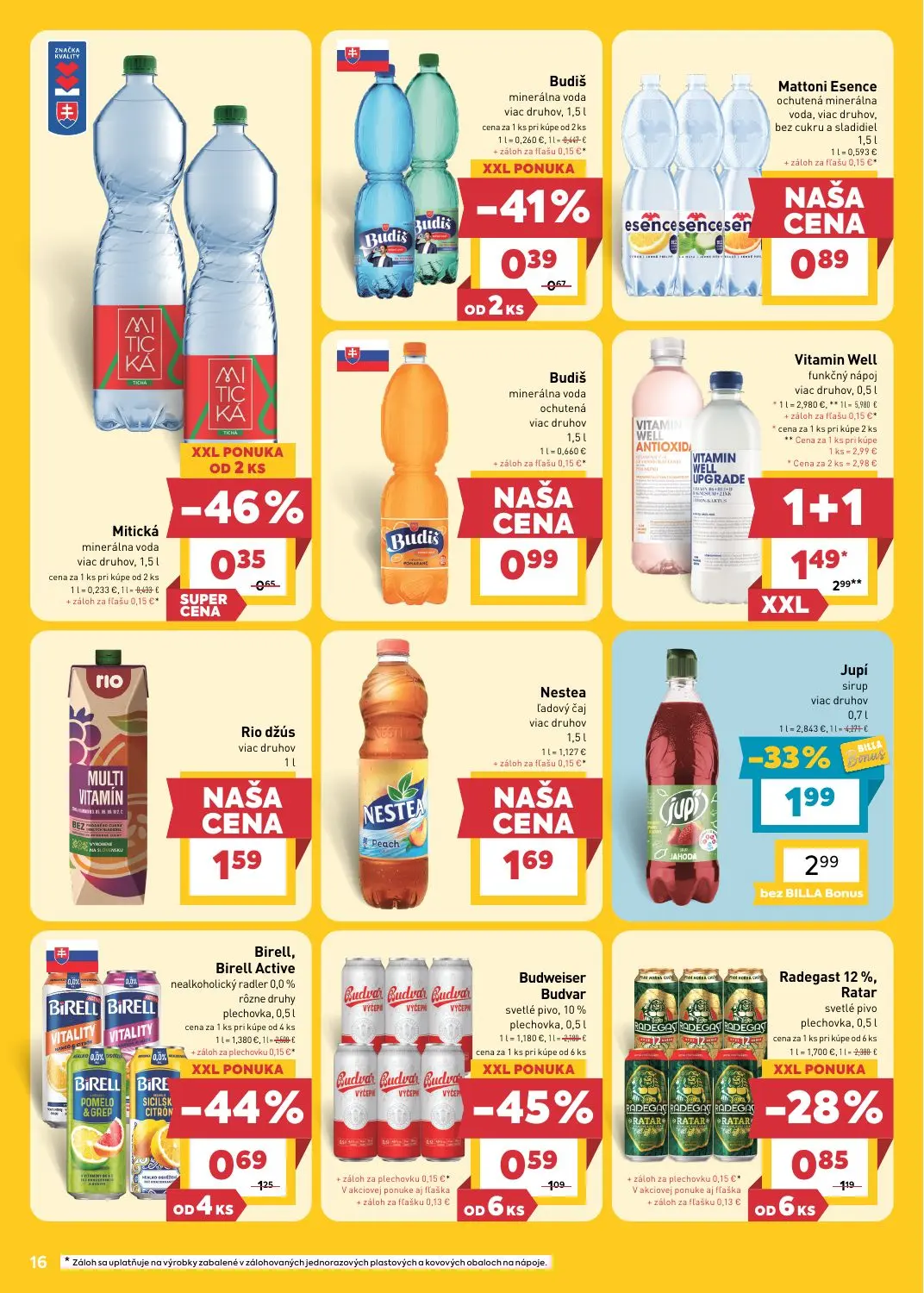 Billa leták, strana 16 z 25 — Vitamin Well funkčný nápoj viac druhov, Jupi sirup viac druhov, Birell, Birell Active nealkoho…