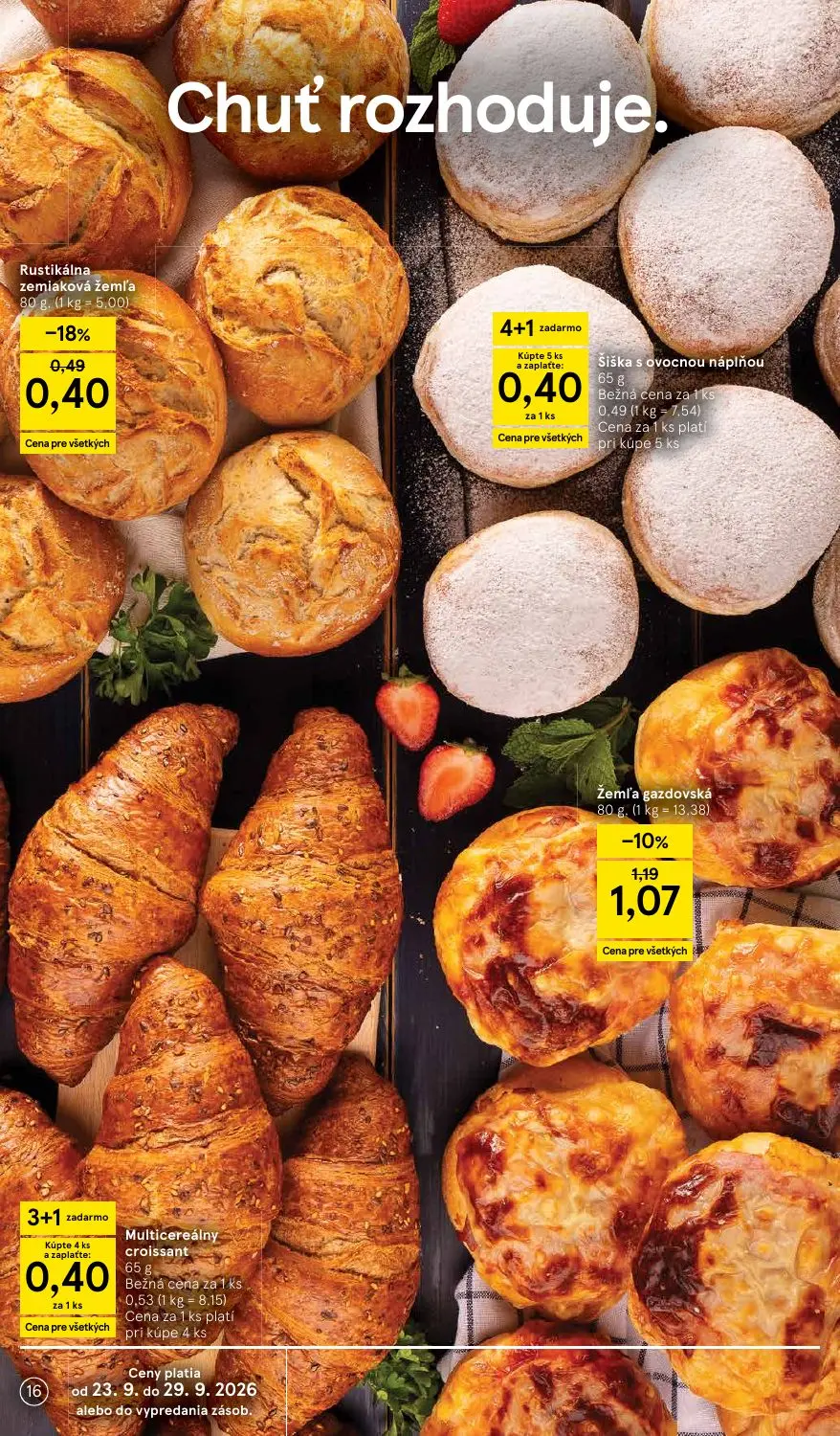 Tesco Supermarket leták, strana 16 z 32 — Multicereálny croissant, Žemľa gazdovská, Rustikálna zemiaková žemľa