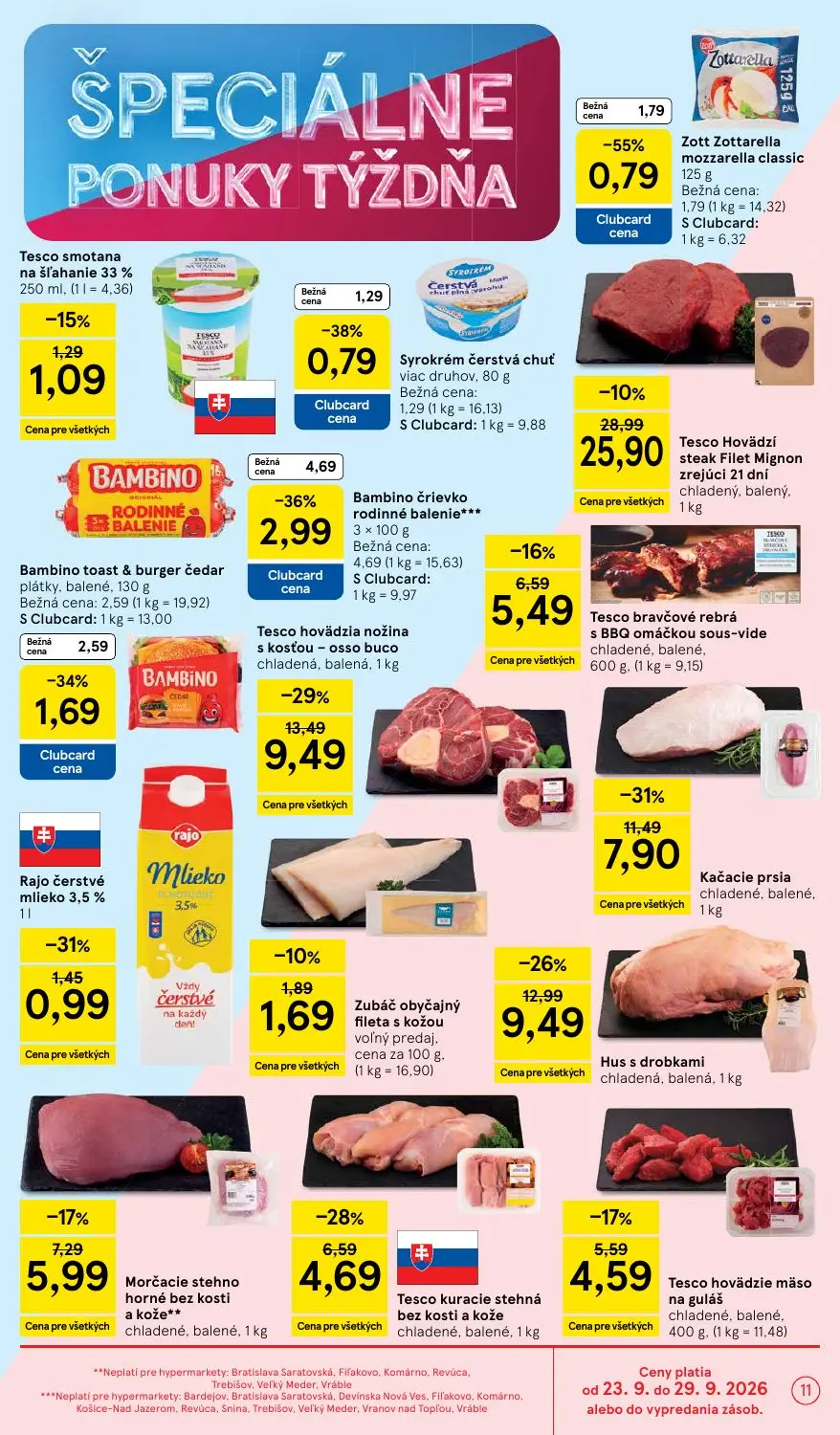 Tesco leták, strana 11 z 48 — Tesco hovädzia nožina s kosťou – osso buco chladená, balená, Kačacie prsia chladené, balené, H…