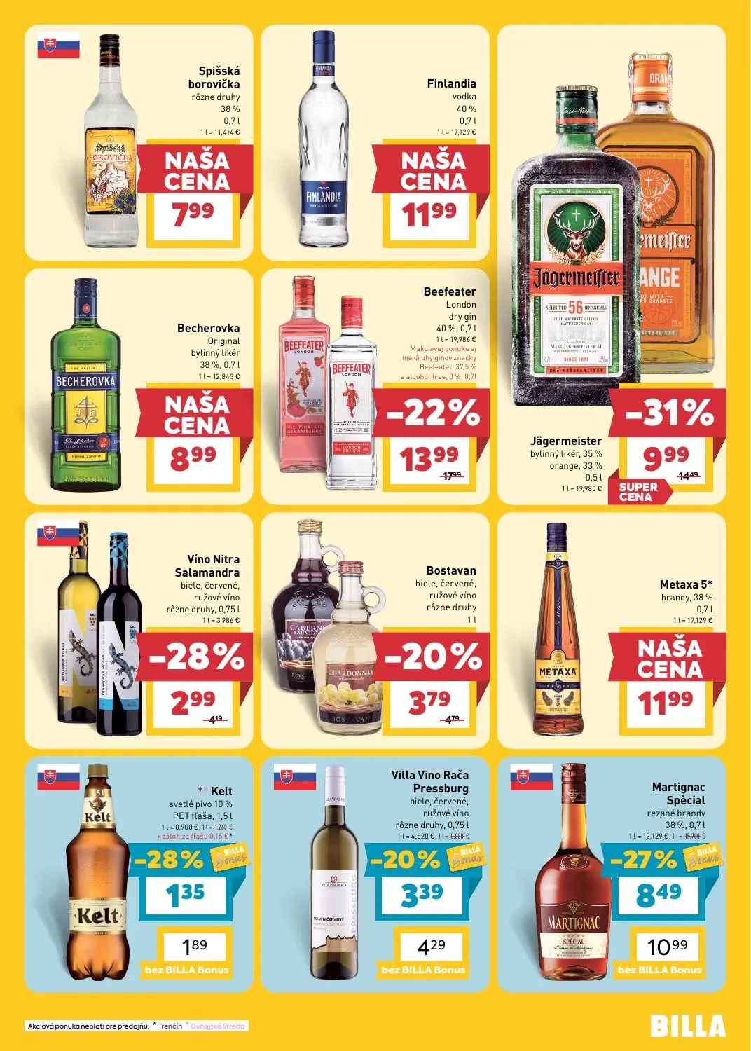 Billa leták, strana 17 z 25 — Jägermeister bylinný likér, Beefeater London dry gin, Martignac Spècial rezané brandy