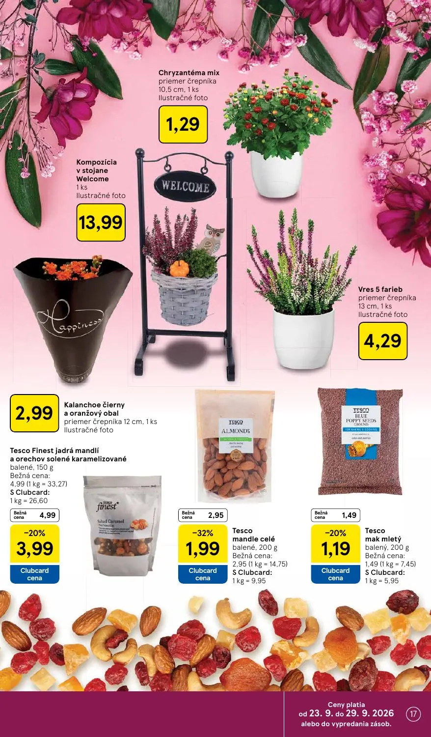 Tesco Supermarket leták, strana 17 z 32 — Tesco Finest jadrá mandlí a orechov solené karamelizované, Tesco mandle celé, Tesc…