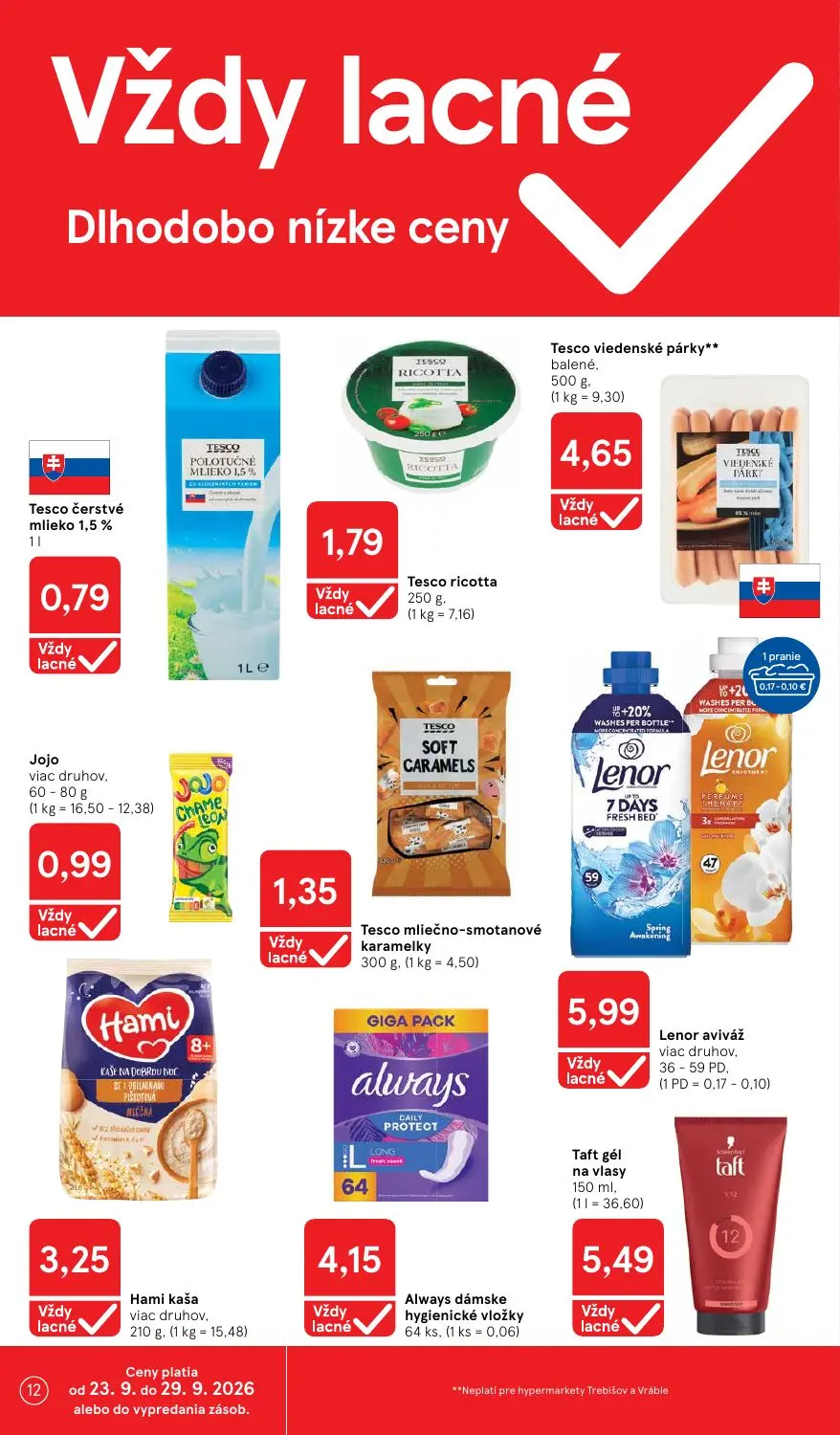 Tesco leták, strana 12 z 48 — Tesco čerstvé mlieko 1,5 %, Tesco ricotta, Tesco viedenské párky** balené