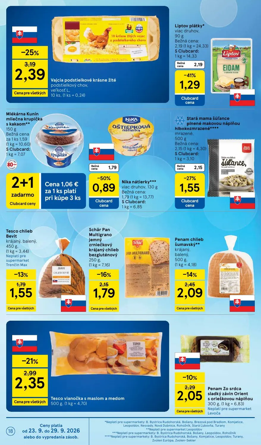 Tesco Supermarket leták, strana 18 z 32 — Liptov plátky, Nika nátierky, Vajcia podstielkové krásne žlté