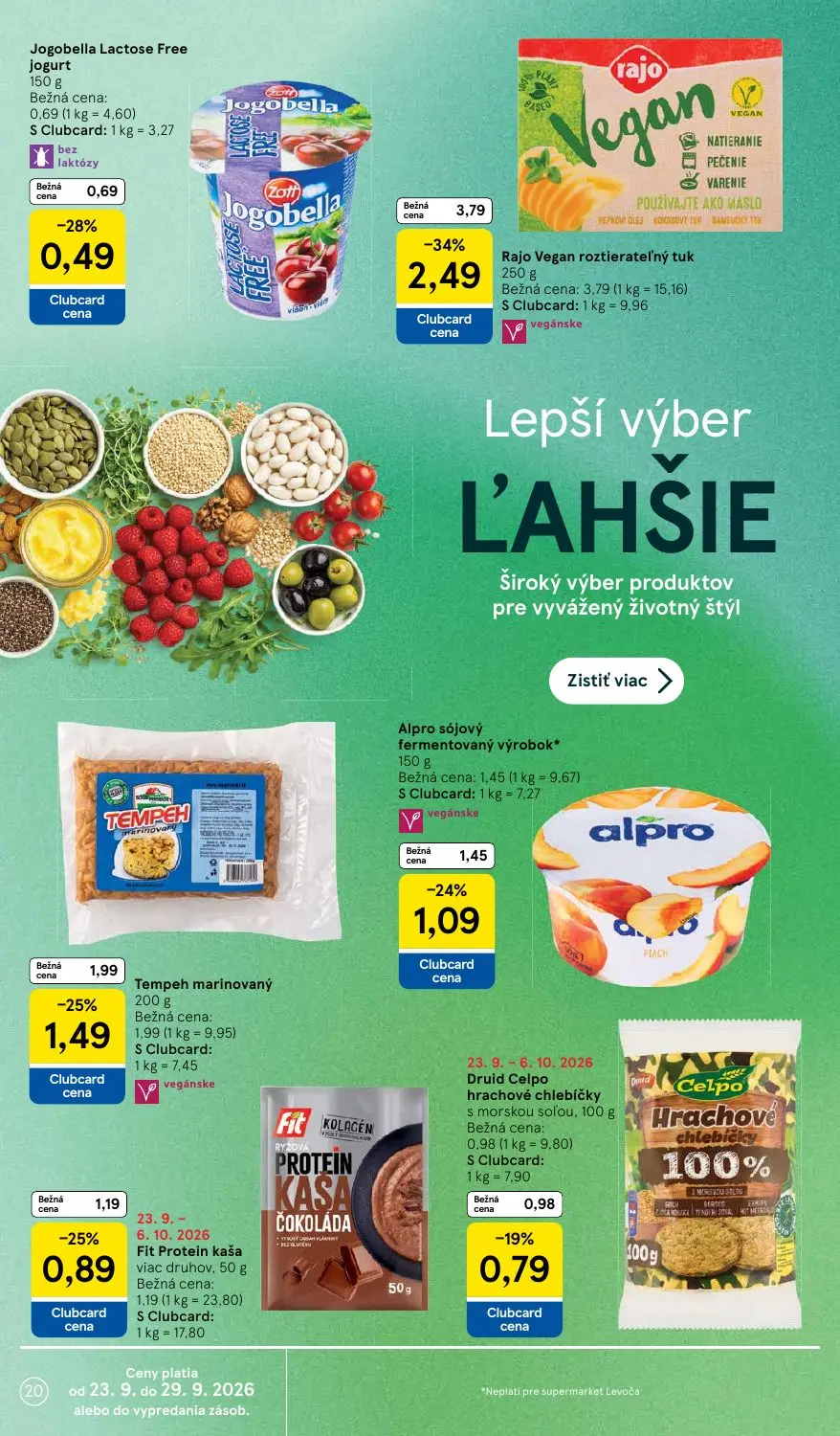 Tesco Supermarket leták, strana 20 z 32 — Rajo Vegan roztierateľný tuk, Tempeh marinovaný, Alpro sójový fermentovaný výrobok