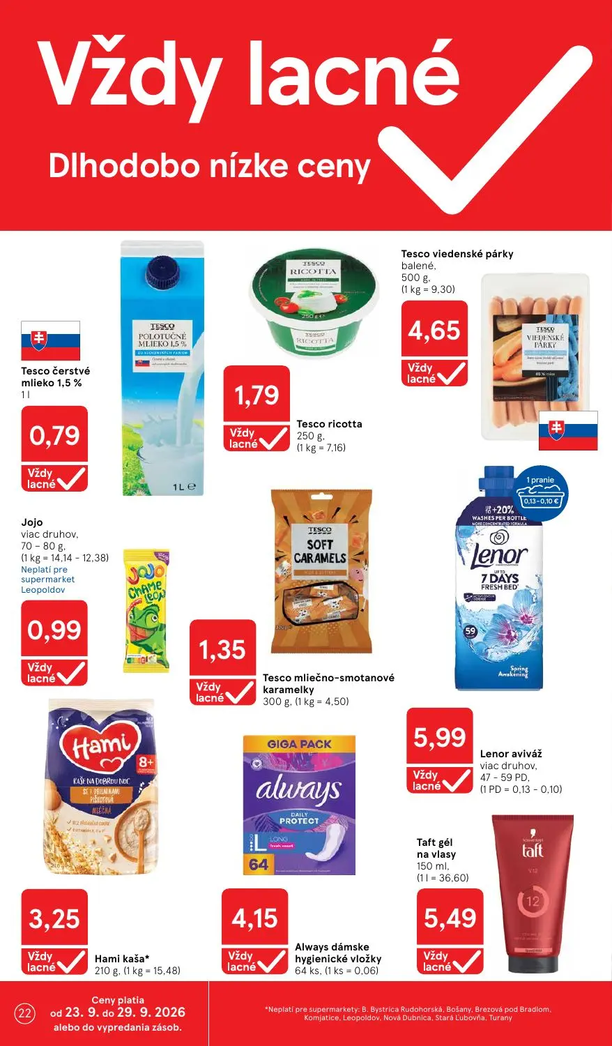 Tesco Supermarket leták, strana 22 z 32 — Tesco čerstvé mlieko 1.5%, Tesco ricotta, Tesco viedenské párky balené