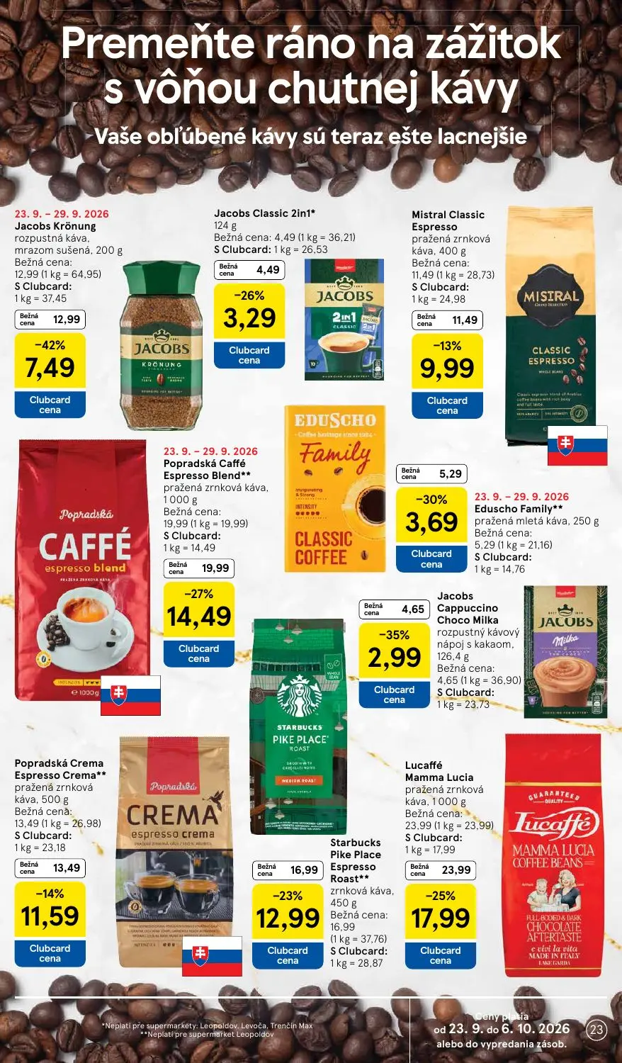 Tesco Supermarket leták, strana 23 z 32 — Lucaffé Mamma Lucia pražená zrnková káva, Jacobs Krönung rozpustná káva, mrazom su…