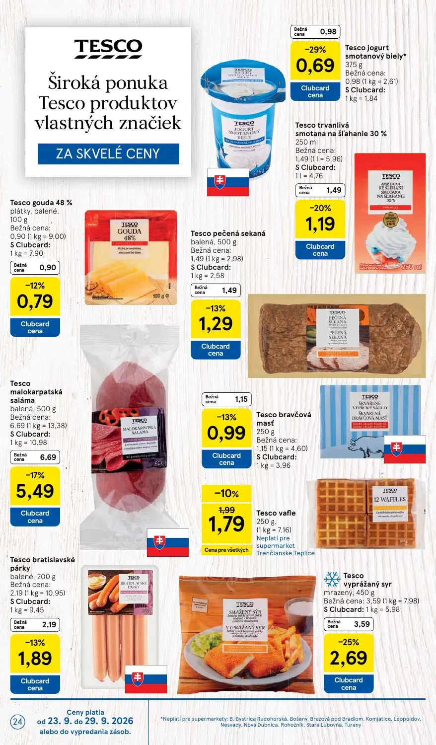 Tesco Supermarket leták, strana 24 z 32 — Tesco malokarpatská saláma balená, Tesco vyprážaný syr mrazený, Tesco trvanlivá sm…