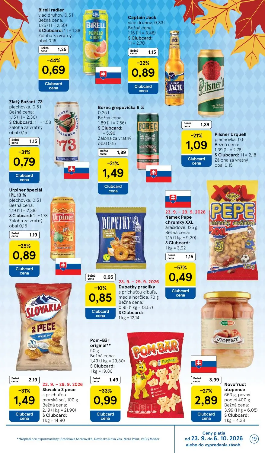 Tesco leták, strana 19 z 48 — Novofruct utopence, Slovakia Z pece s príchuťou morská soľ, Namex Pepe chrumky XXL arašidové