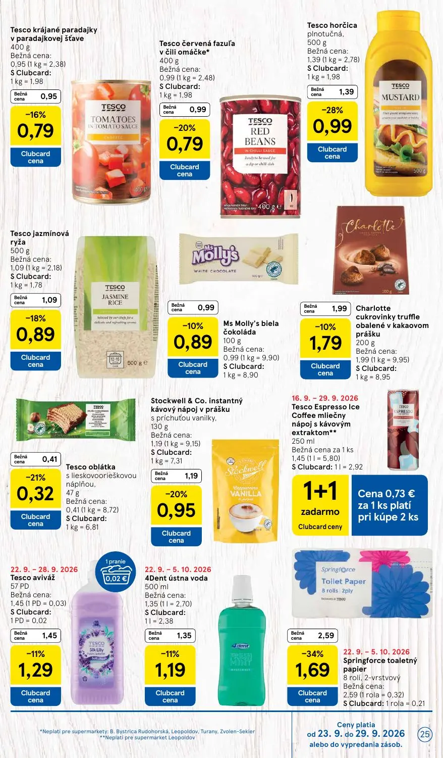 Tesco Supermarket leták, strana 25 z 32 — Springforce toaletný papier, Tesco horčica plnotučná, Stockwell & Co. instantný ká…