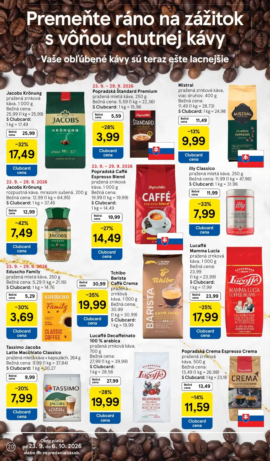 Tesco leták, strana 20 z 48 — Tchibo Barista Caffè Crema pražená zrnková káva, Jacobs Krönung pražená zrnková káva, Lucaffé …