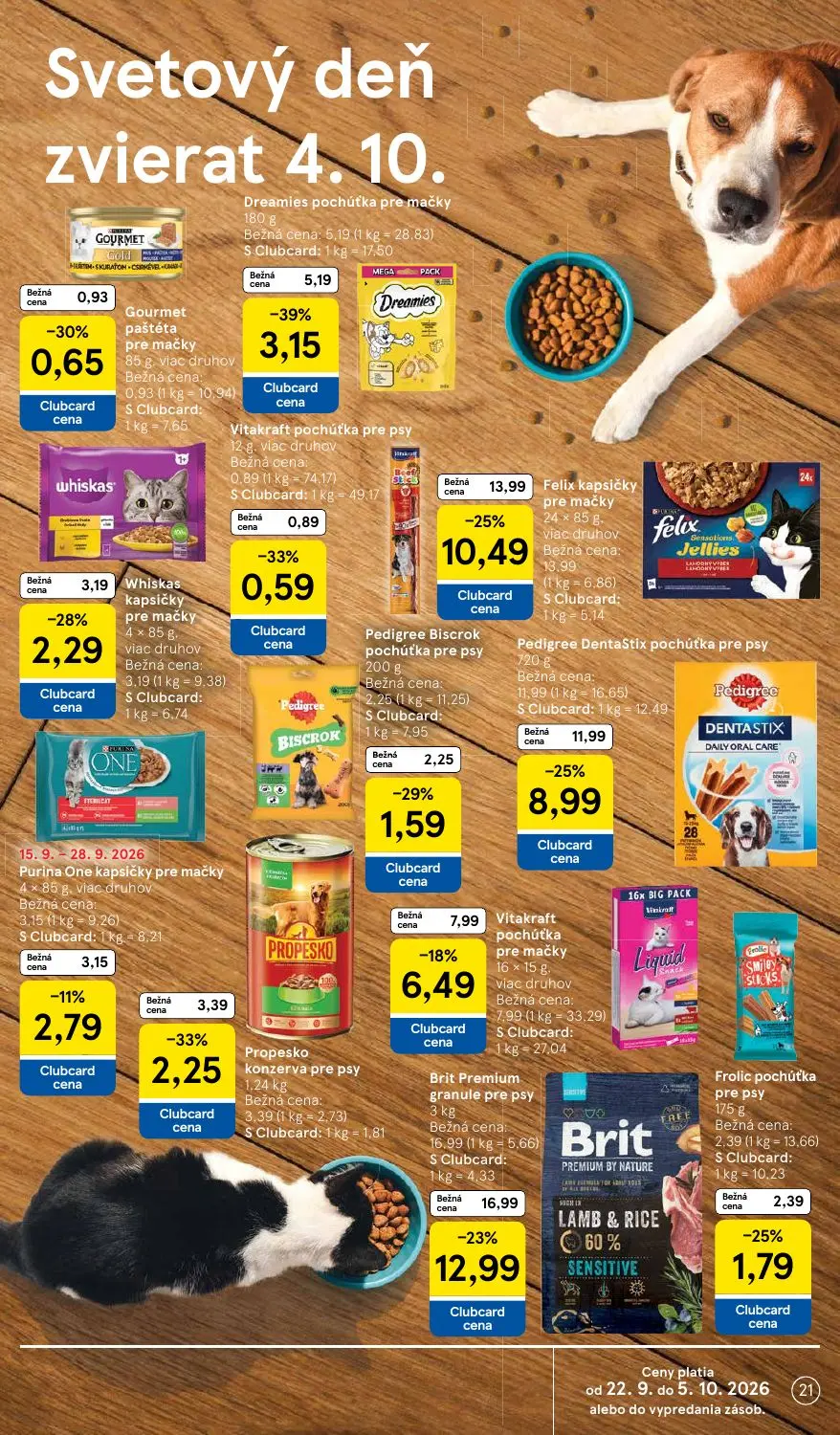 Tesco leták, strana 21 z 48 — Brit Premium granule pre psy, Felix kapsičky pre mačky, Pedigree DentaStix pochúťka pre psy
