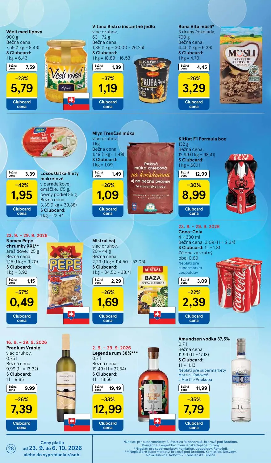Tesco Supermarket leták, strana 28 z 32 — Legenda rum 38%, Amundsen vodka 37,5%, KitKat F1 Formula box